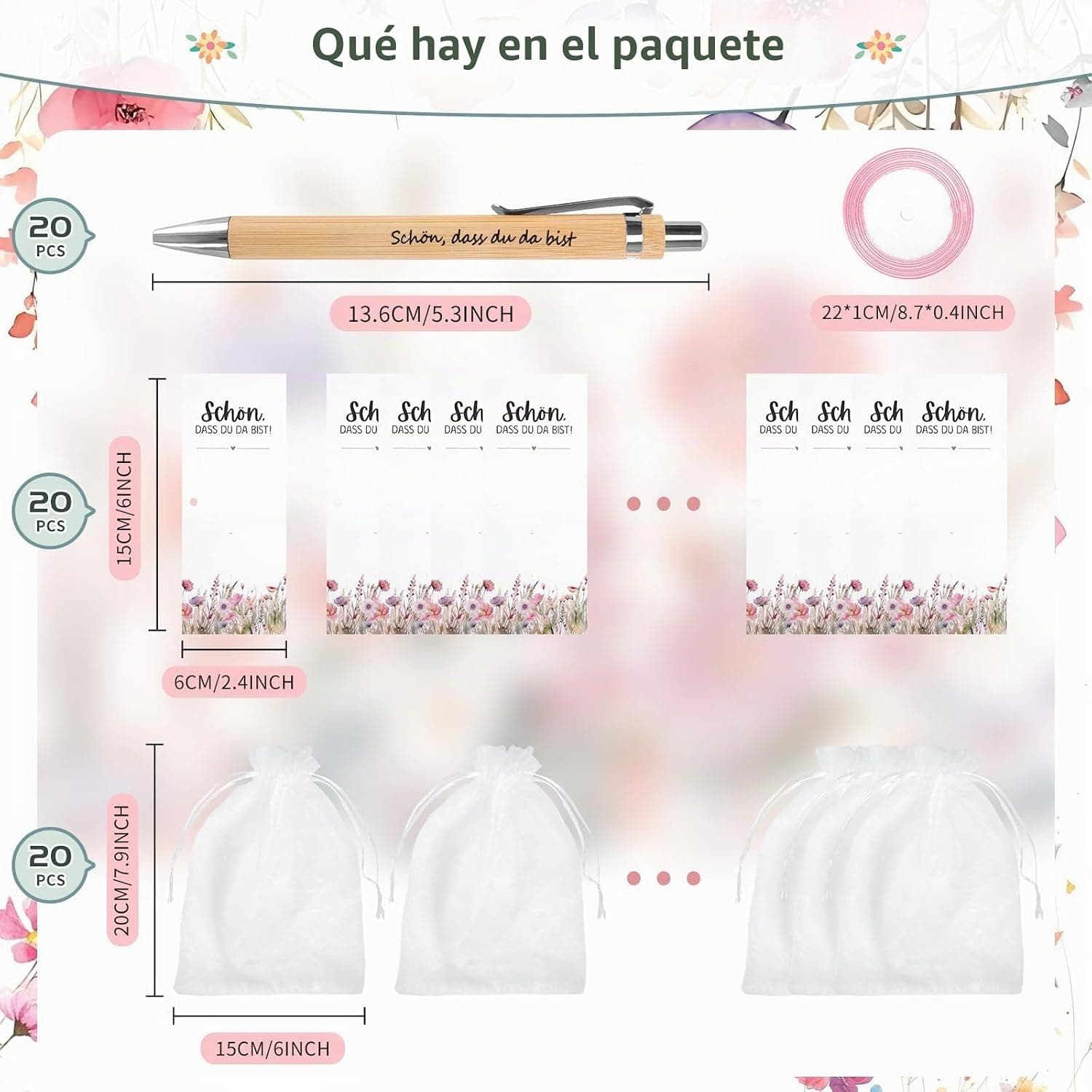 Composición con el contenido del pack: veinte bolígrafos, veinte tarjetas, veinte bolsas de organza y la cinta rosa, con las medidas de cada pieza