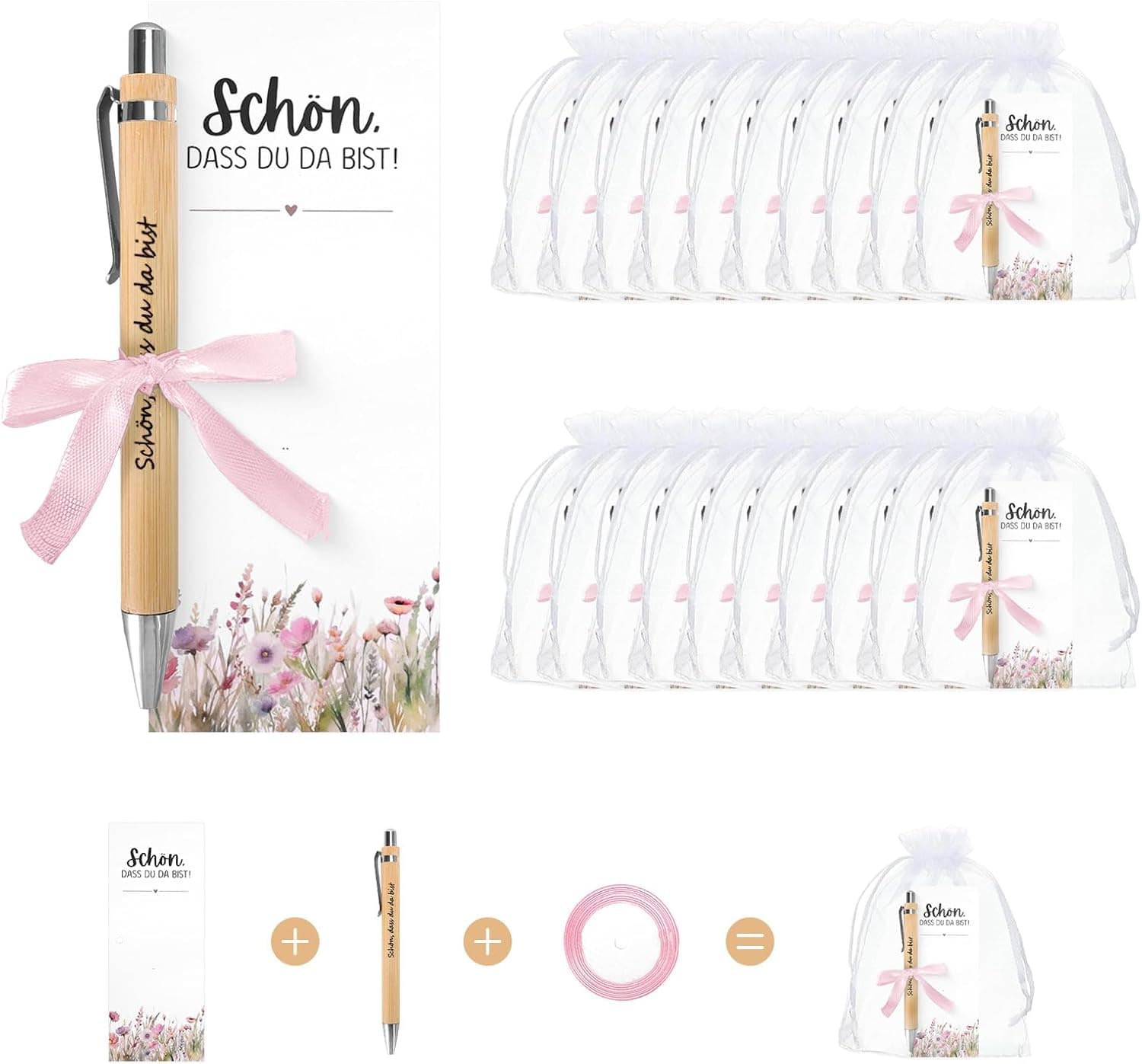 Dos bolígrafos de color madera con texto grabado y lazo rosa, junto a la tarjeta a juego con motivo floral