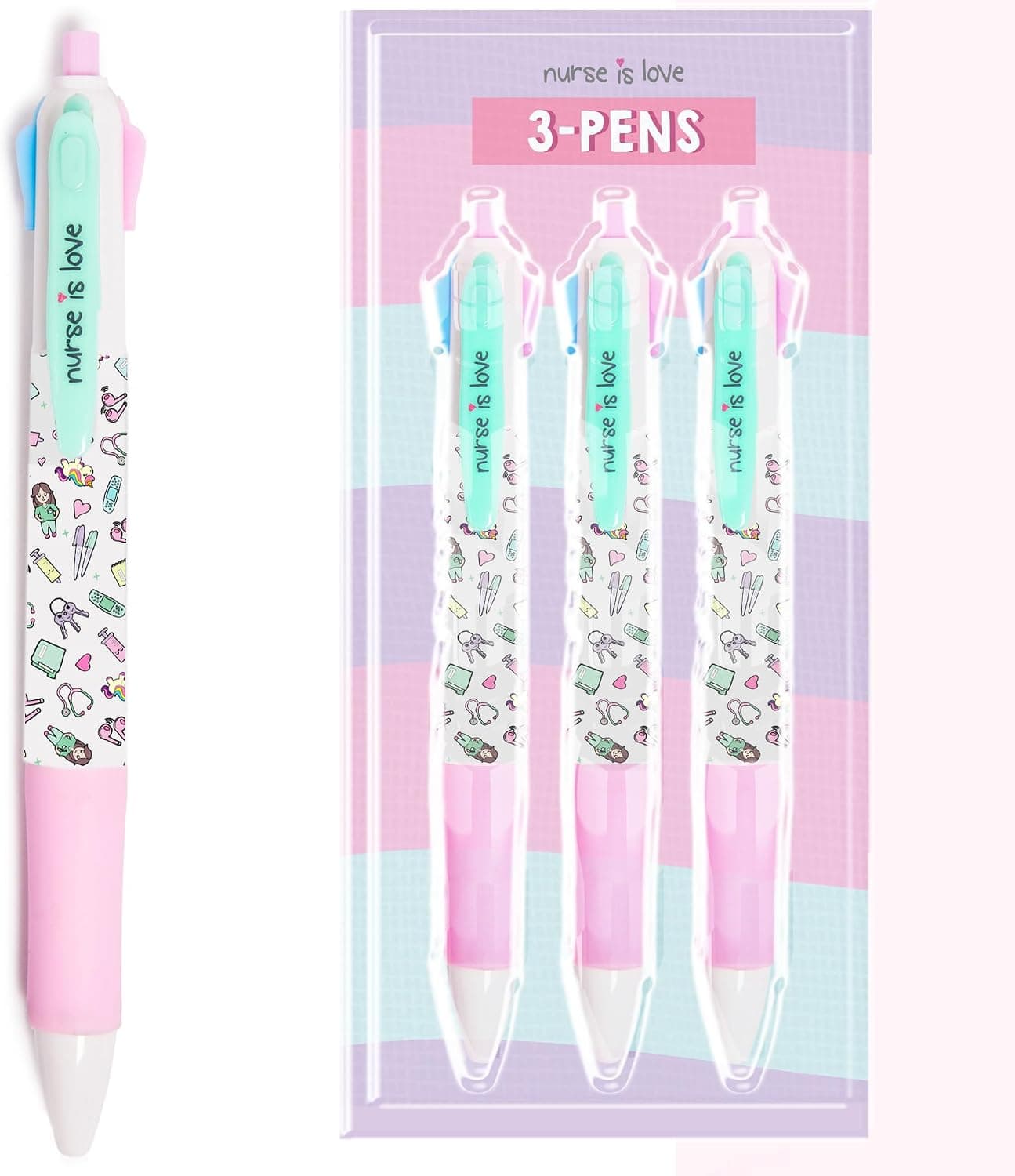 Tres bolígrafos multicolor con estampados de enfermería, junto a su embalaje