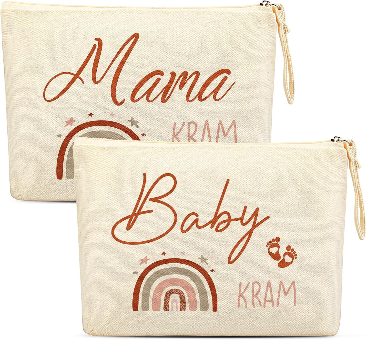 Dos bolsas de lona estampadas con arcoíris y estrellas en tonos beige