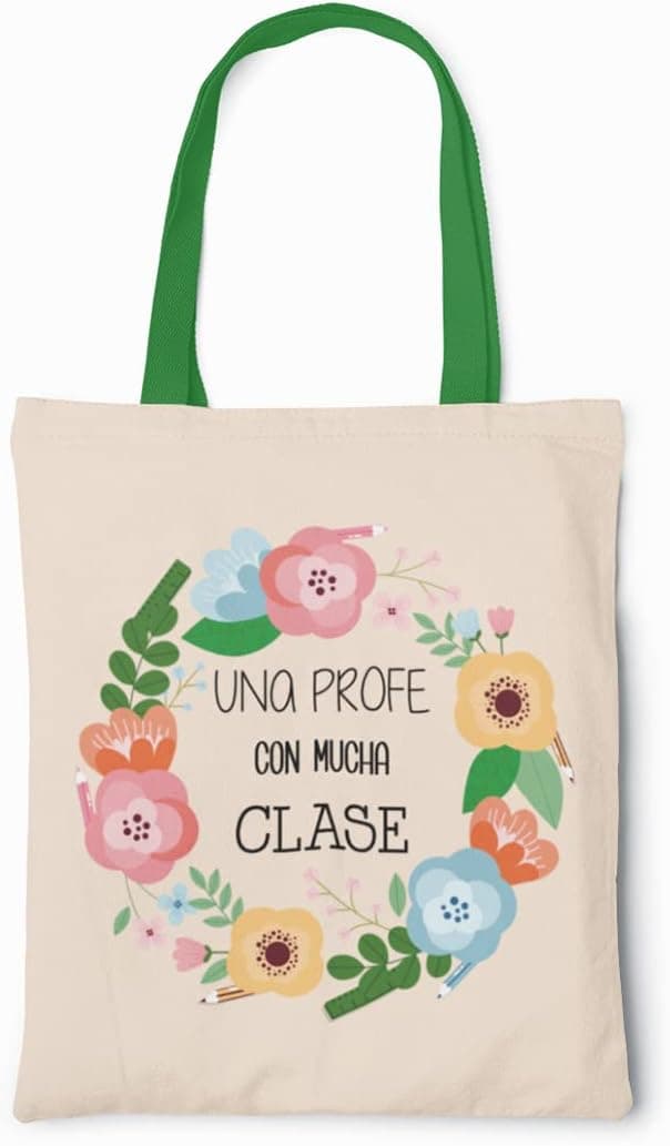 Bolsa tote de algodón natural con el estampado «un profe con mucha clase» y asas largas de colores