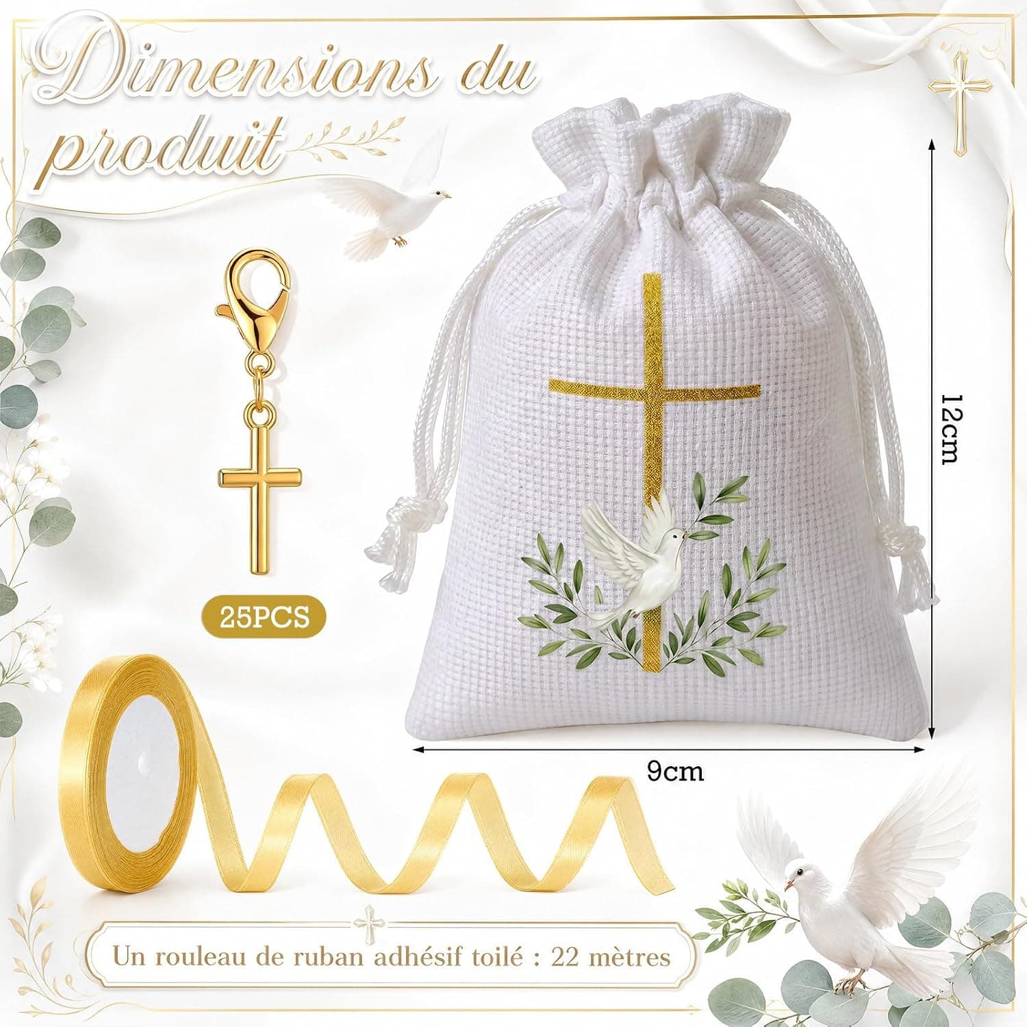 Pack de 25 Bolsas con Llavero de Cruz y Cinta Dorada, foto 3