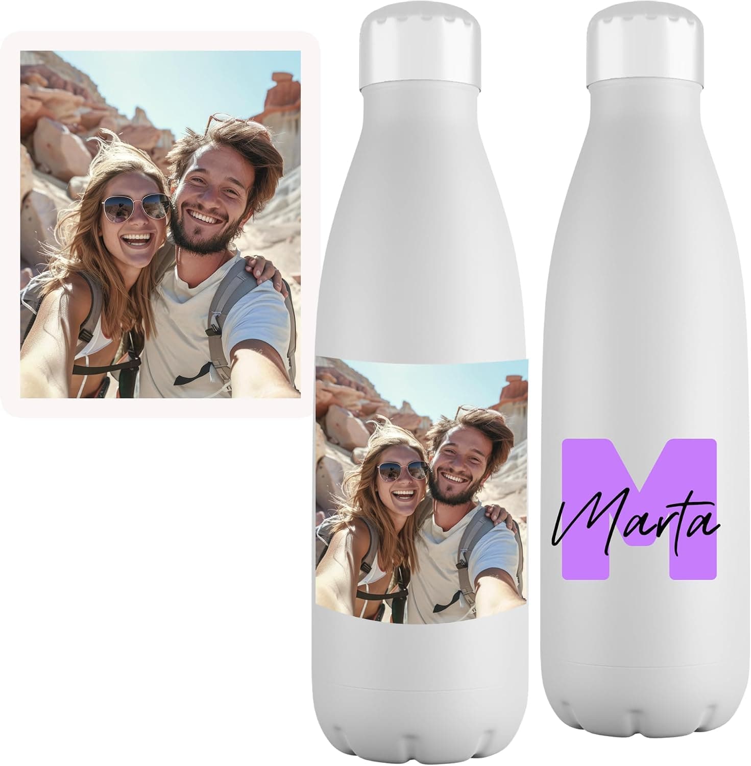 Botella de acero blanca con una foto de una pareja de senderismo impresa y el nombre "Marta" en letras grandes