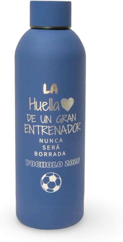 Botella de agua de acero inoxidable con grabado láser personalizado, sobre fondo blanco