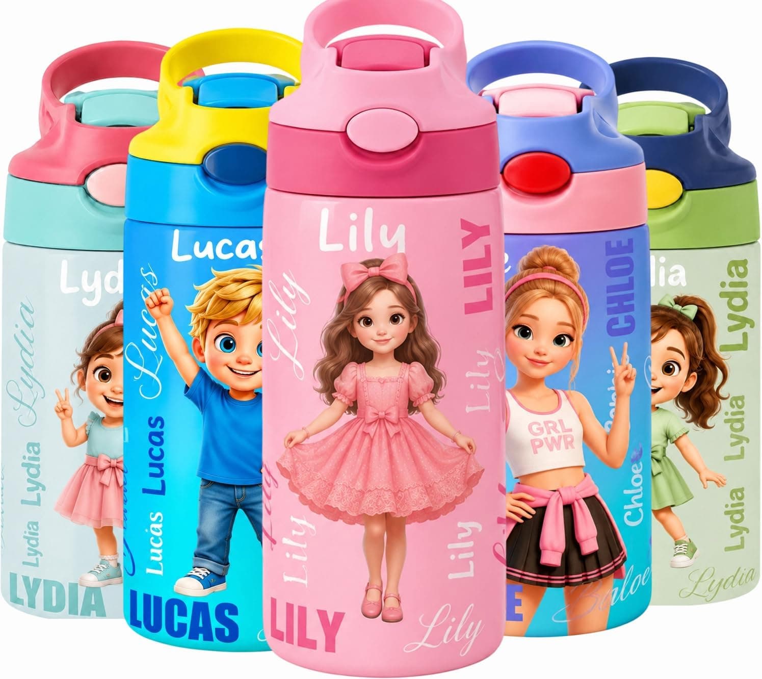 Botella de agua infantil personalizada con una foto y el nombre del niño impresos en el cuerpo