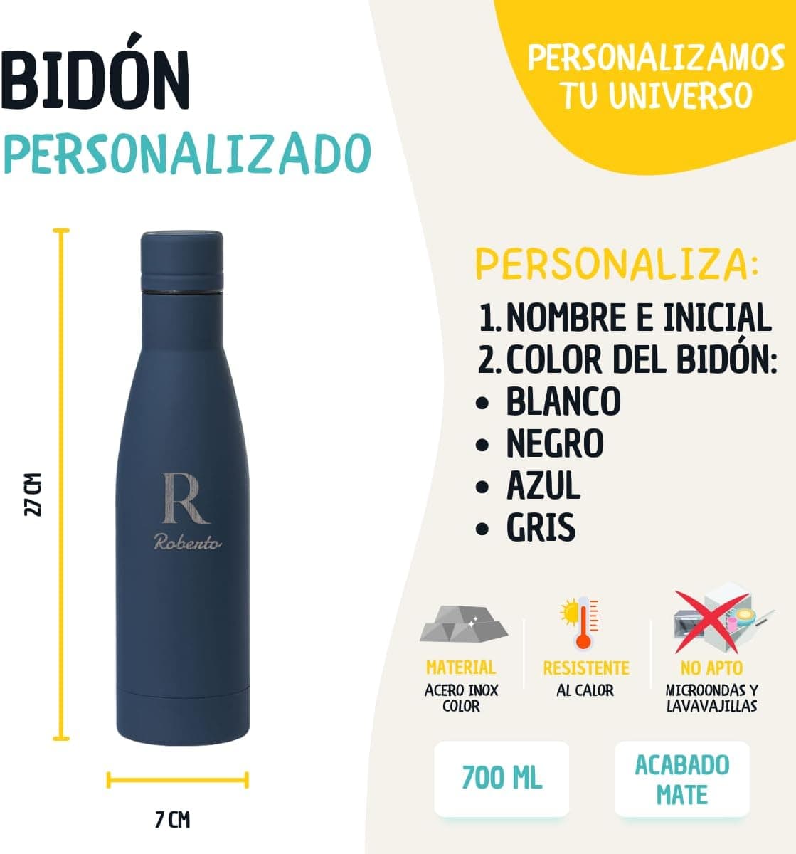Botella de agua de acero inoxidable azul de 700 ml, personalizada con inicial y nombre grabados
