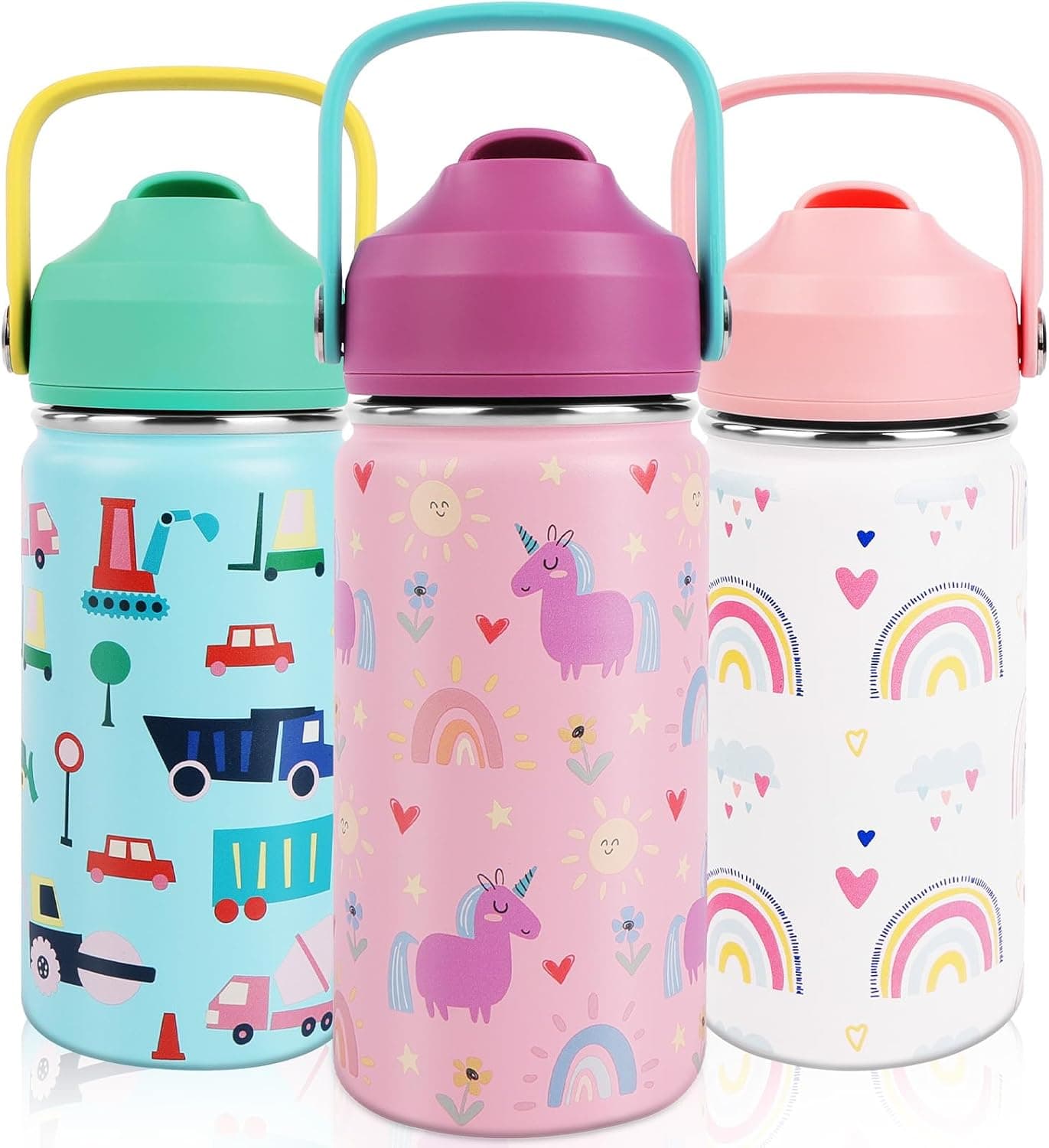 Botella de agua de acero inoxidable con diseño de unicornio, de 350 ml, sobre fondo blanco