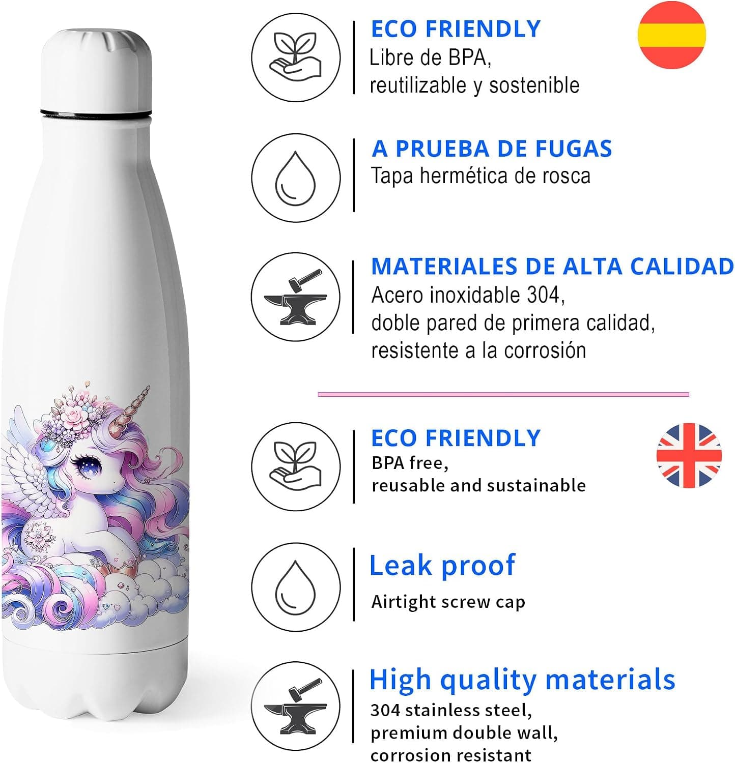 Botella de Agua Unicornio para Niña, Doble Pared, foto 3