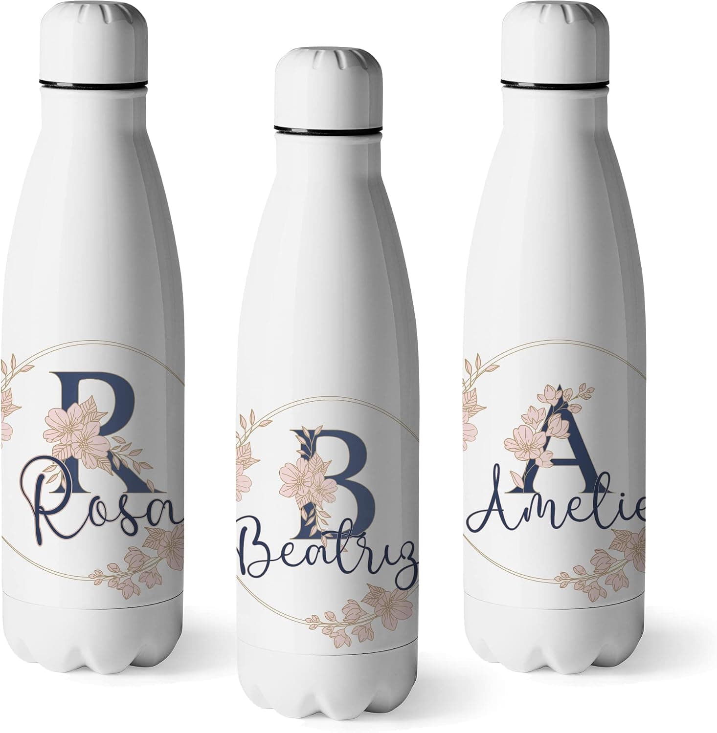 Botella de agua de 500 ml con estampado floral, personalizada con inicial y nombre