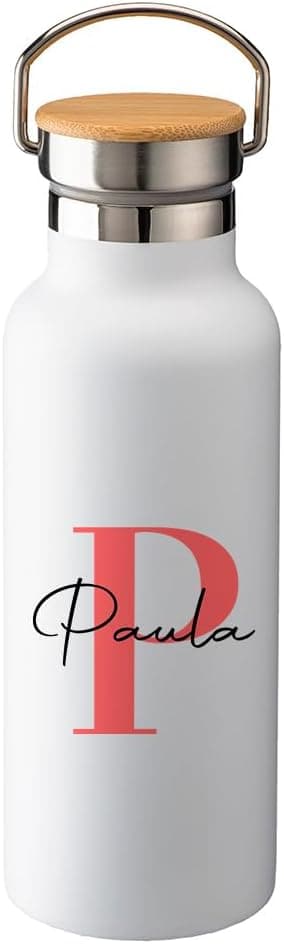 Botella térmica de acero inoxidable con tapa de bambú, personalizada con inicial y nombre