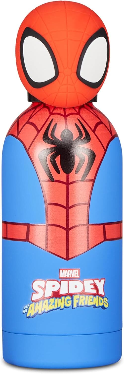 Botella térmica de acero con el diseño de Spider-Man y tapa roja de silicona