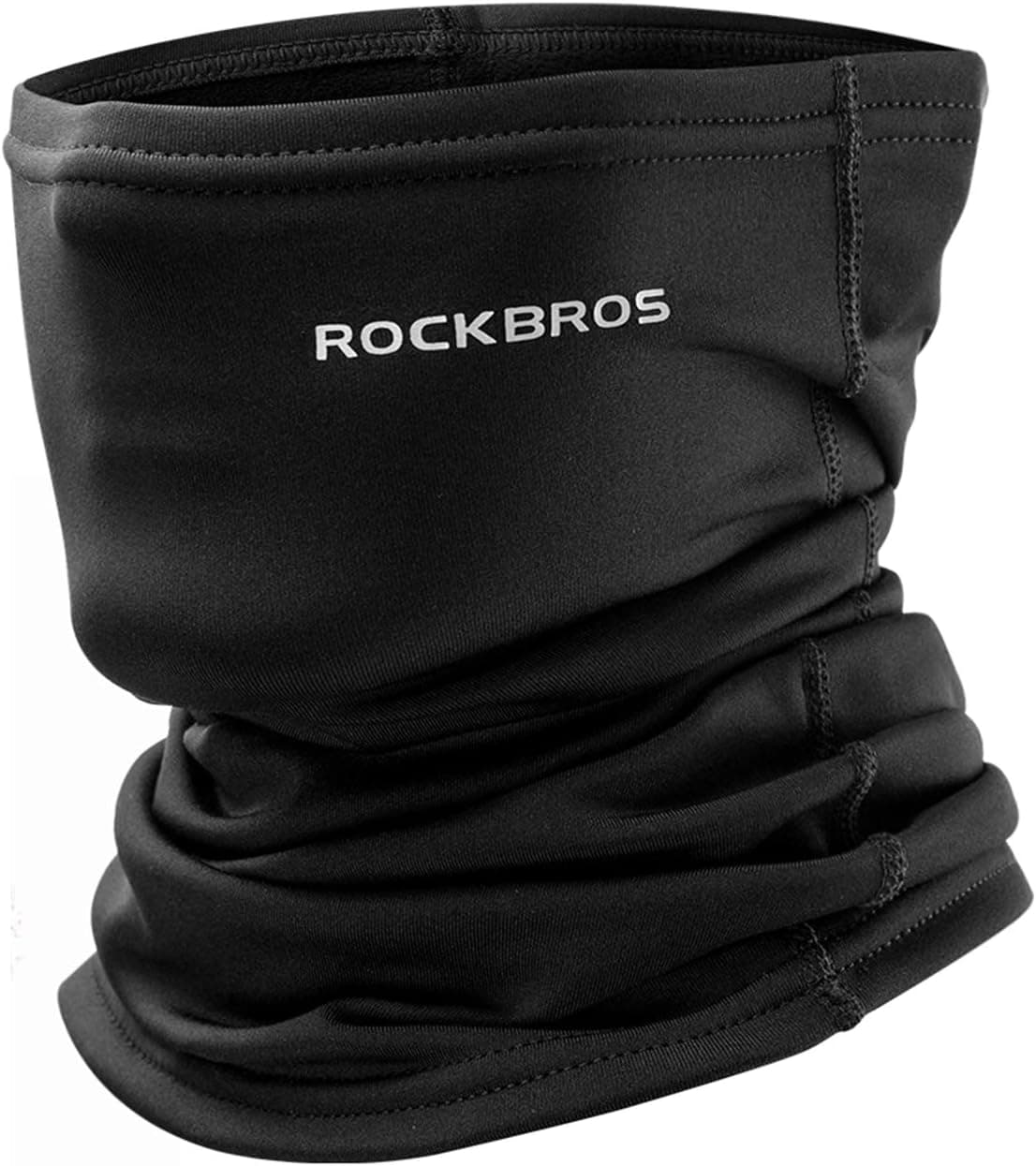 Braga de cuello negra térmica de ROCKBROS extendida sobre fondo blanco