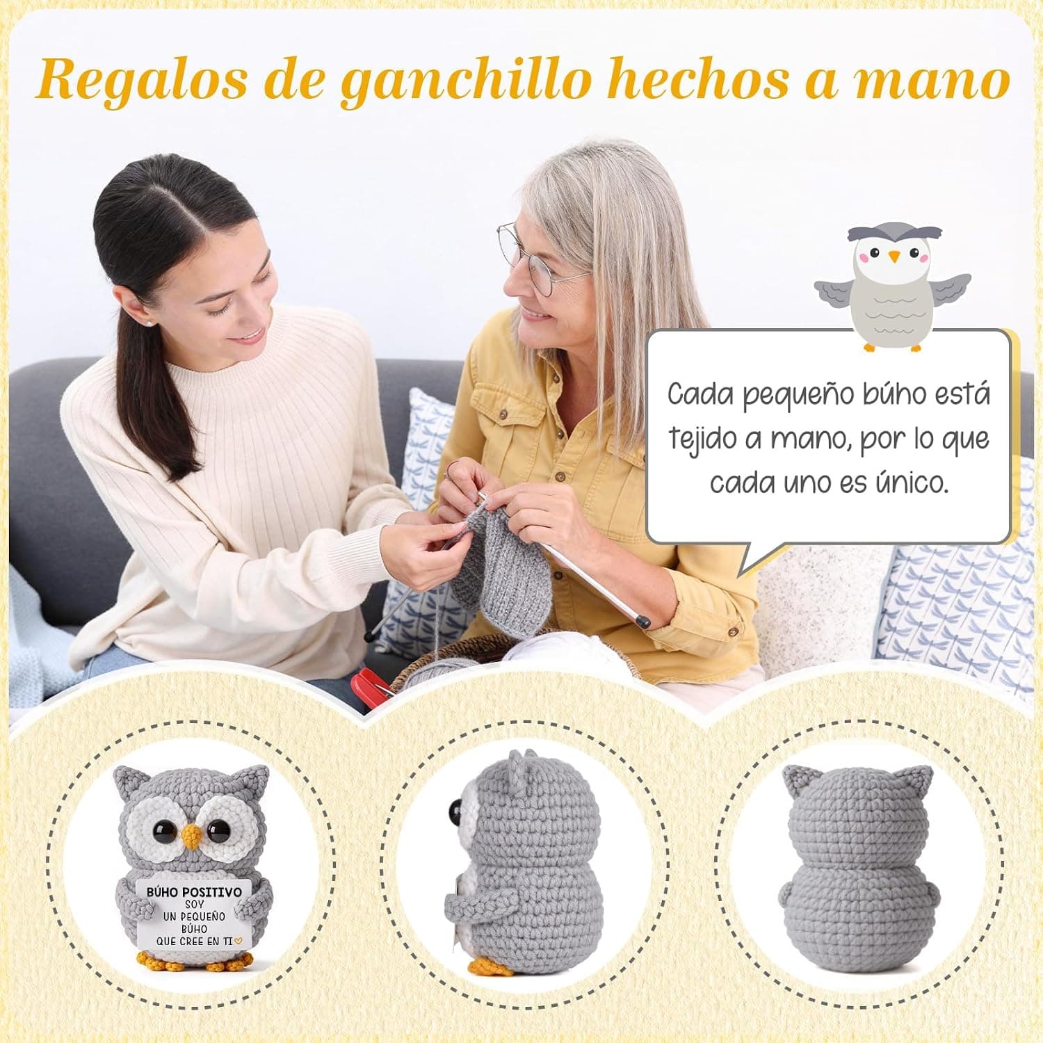 El búho de ganchillo visto de frente en un fondo neutro