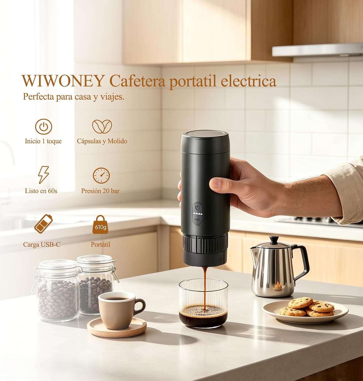 Set de cafetera portátil eléctrica con molinillo y espumador, foto 3