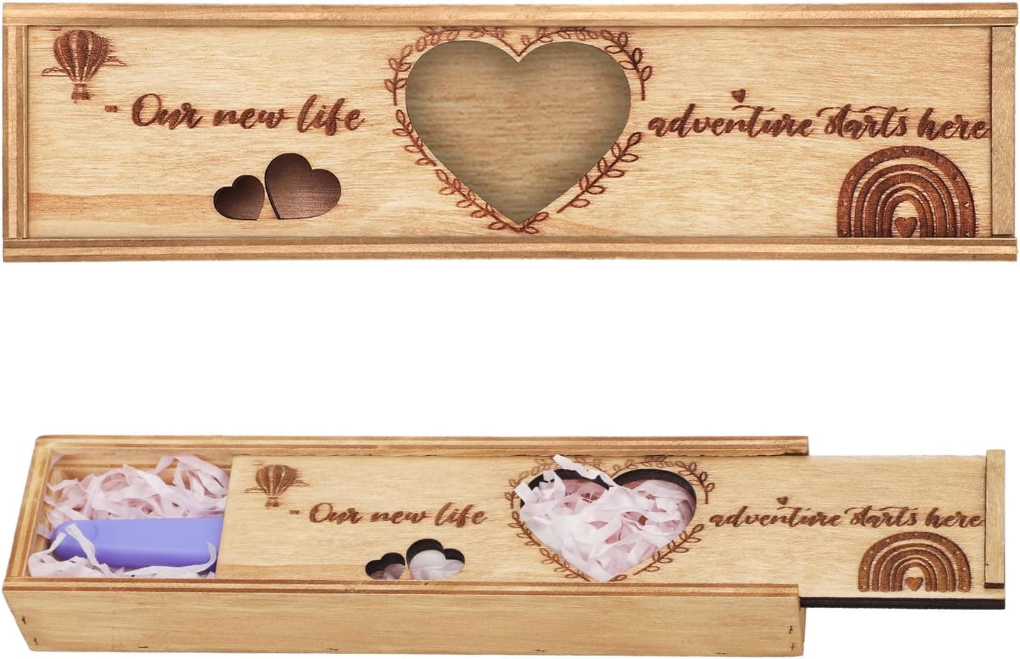Caja de madera en forma de corazón para anunciar el embarazo