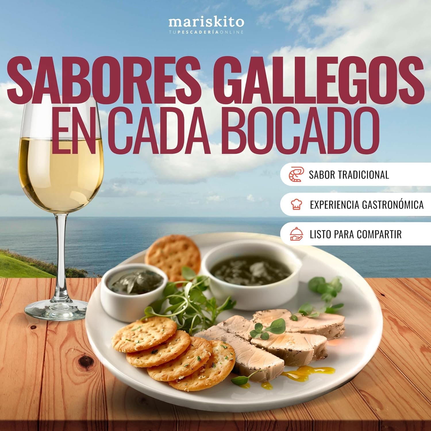 Plato con bonito en conserva servido sobre galletas mariñeiras y una copa de vino blanco, con el mar de fondo