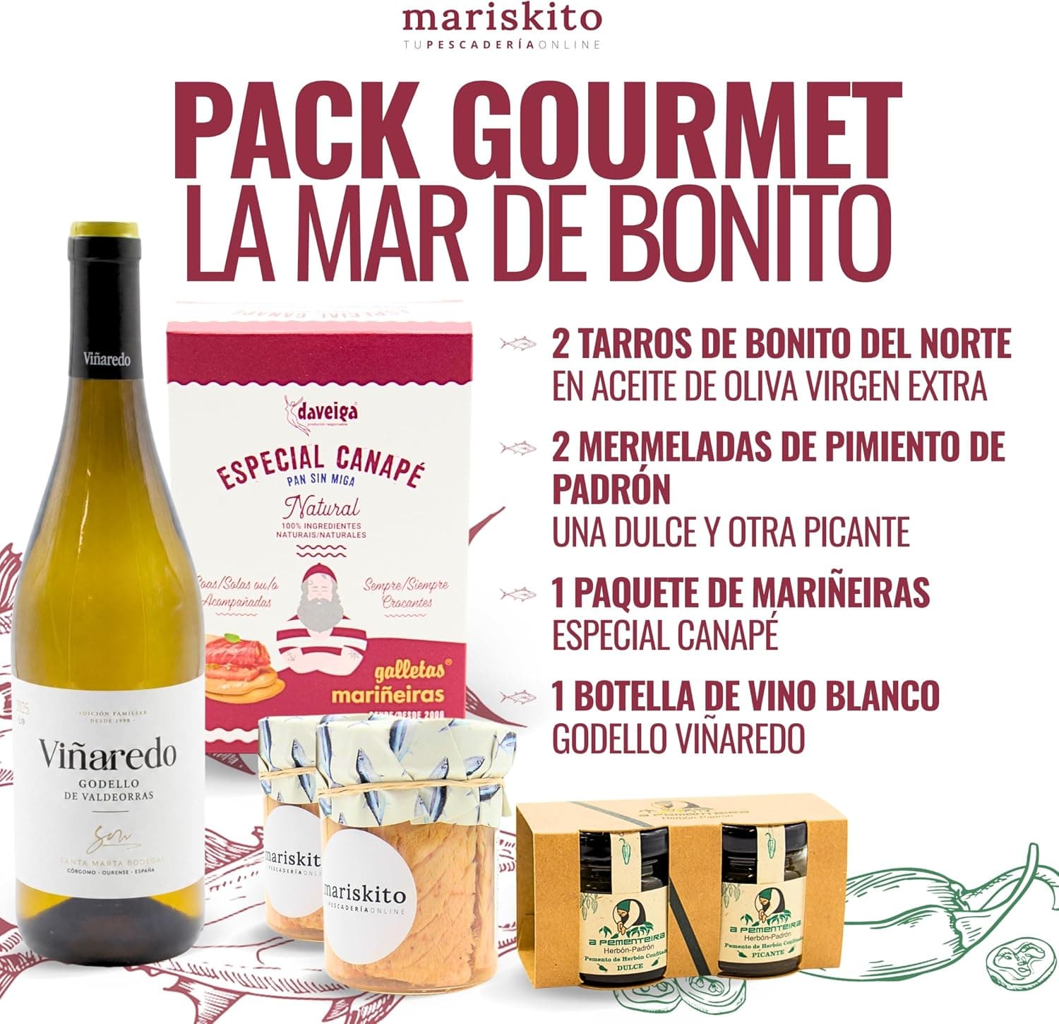 Caja Gourmet Mariskito con Vino Godello y Conservas Gallegas, foto 3