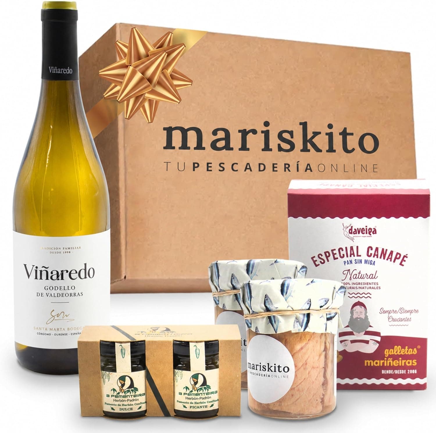 Caja de regalo Mariskito con botella de vino Viñaredo Godello, dos tarros de bonito en conserva, galletas mariñeiras Daveiga y pementos de Herbón dulce y picante
