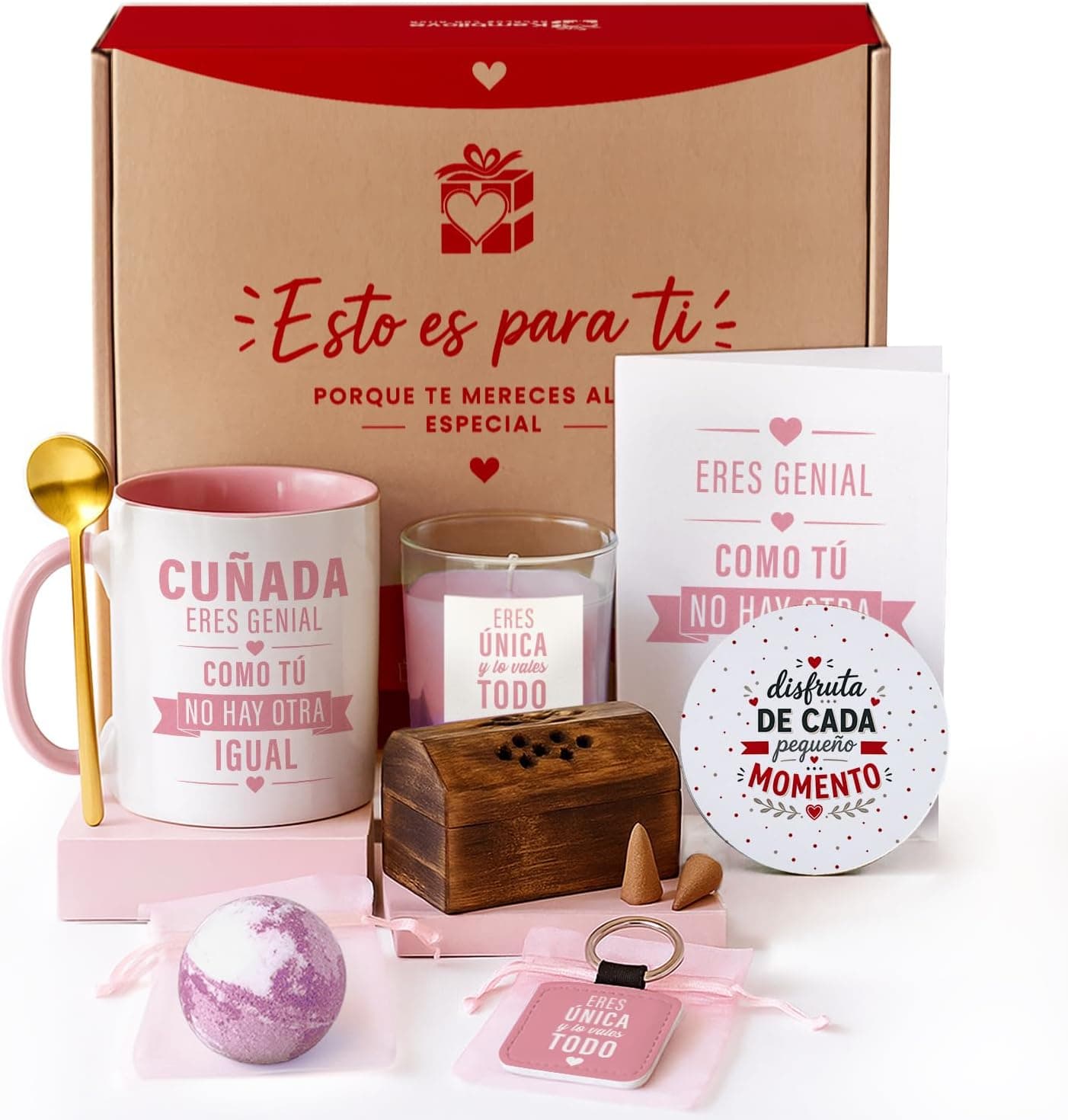 Caja premium para cuñada con taza rosa, vela aromática, cofre de incienso, tarjeta, posavasos, llavero y bomba de baño