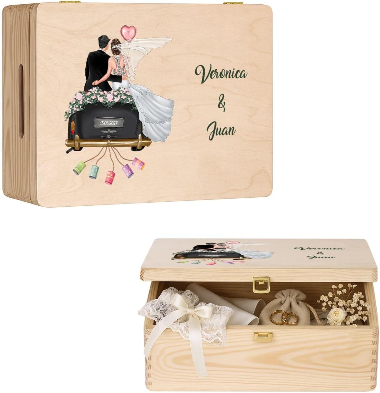 Caja de madera grande con cierre dorado, grabada con los nombres de la pareja y la fecha de la boda
