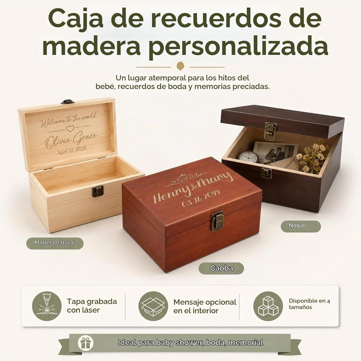 Cuatro variantes de la caja: en madera oscura, clara y caoba, una de ellas abierta mostrando el grabado en el interior de la tapa