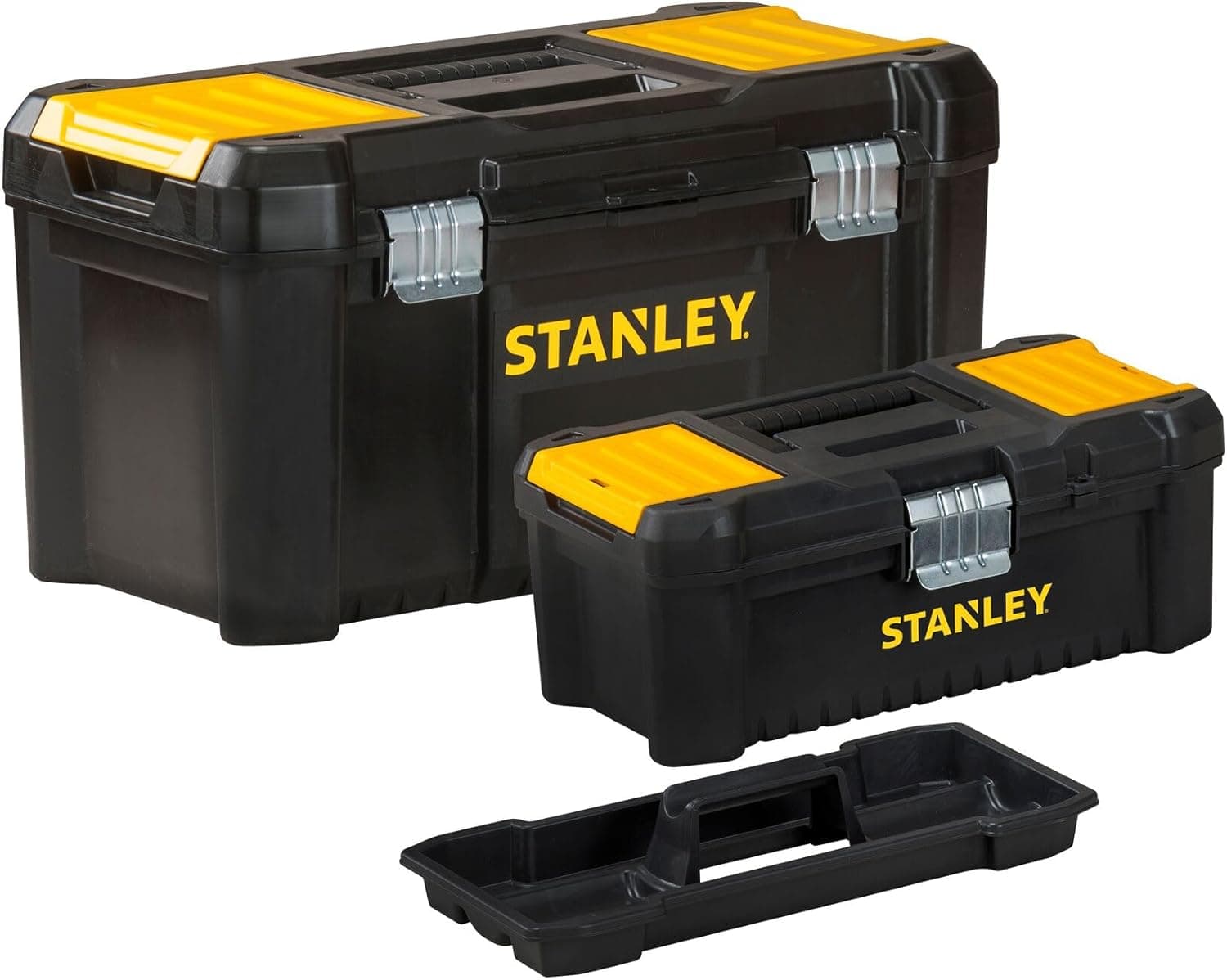 Dos cajas de herramientas Stanley negras y amarillas de distinto tamaño, una junto a la otra