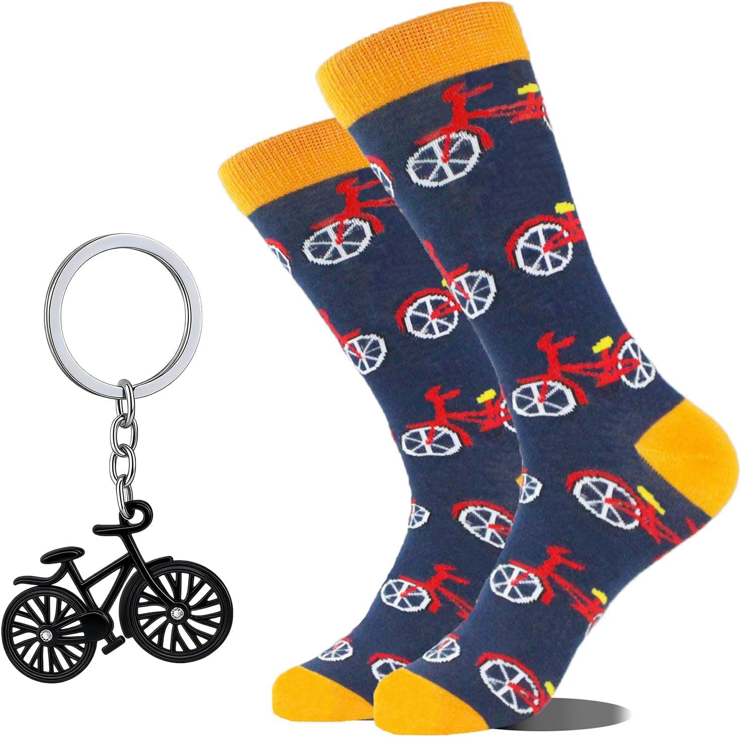 Calcetines con estampado de bicicleta y llavero de bici a juego, presentados juntos