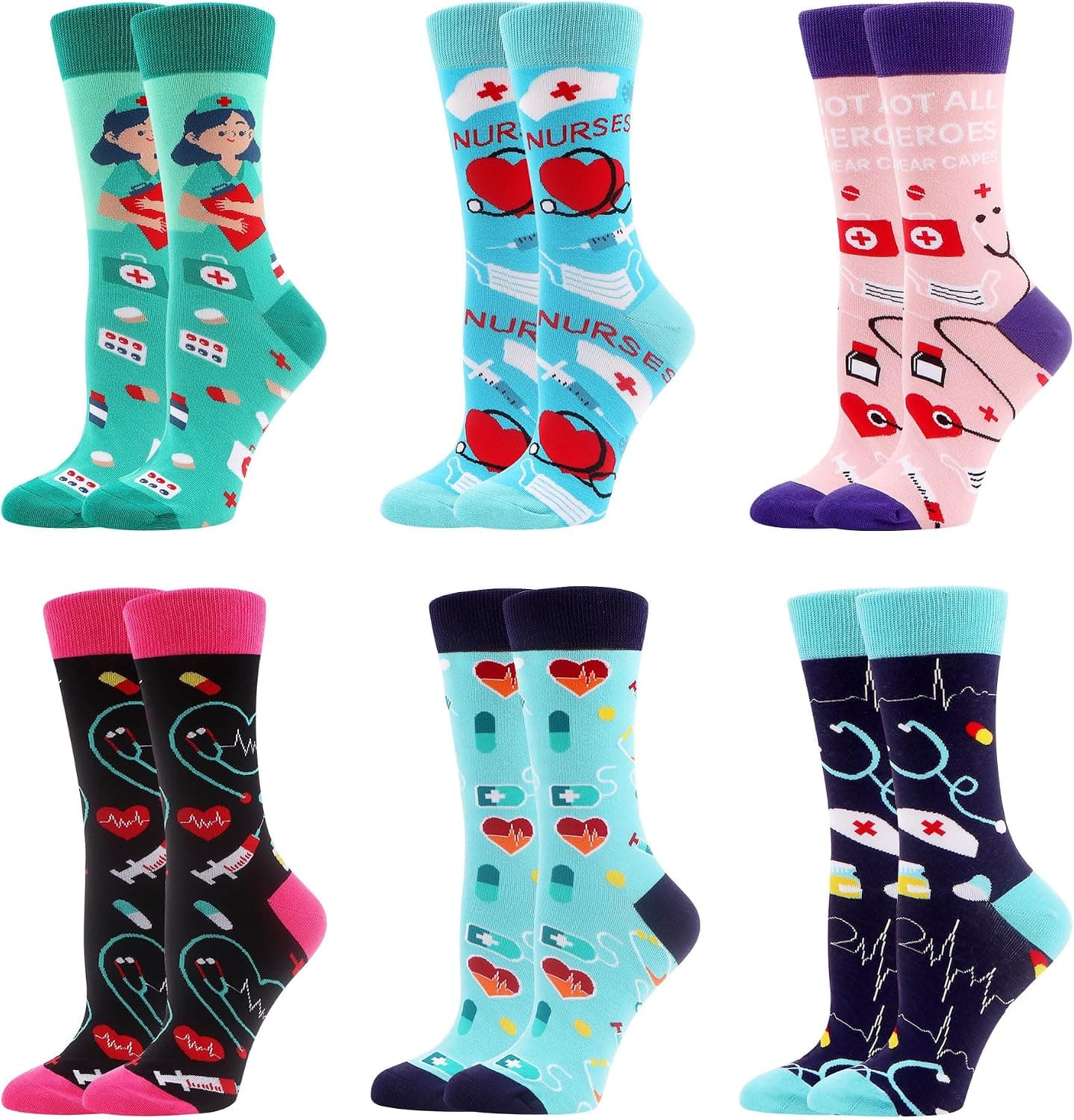 Seis pares de calcetines de algodón con estampados de temática de enfermería en varios colores