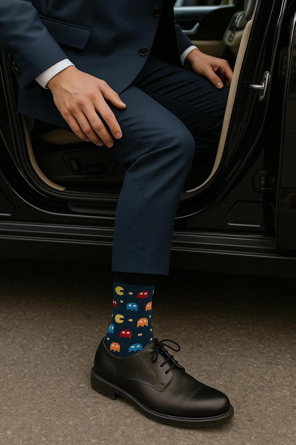 Detalle del estampado friki de los calcetines