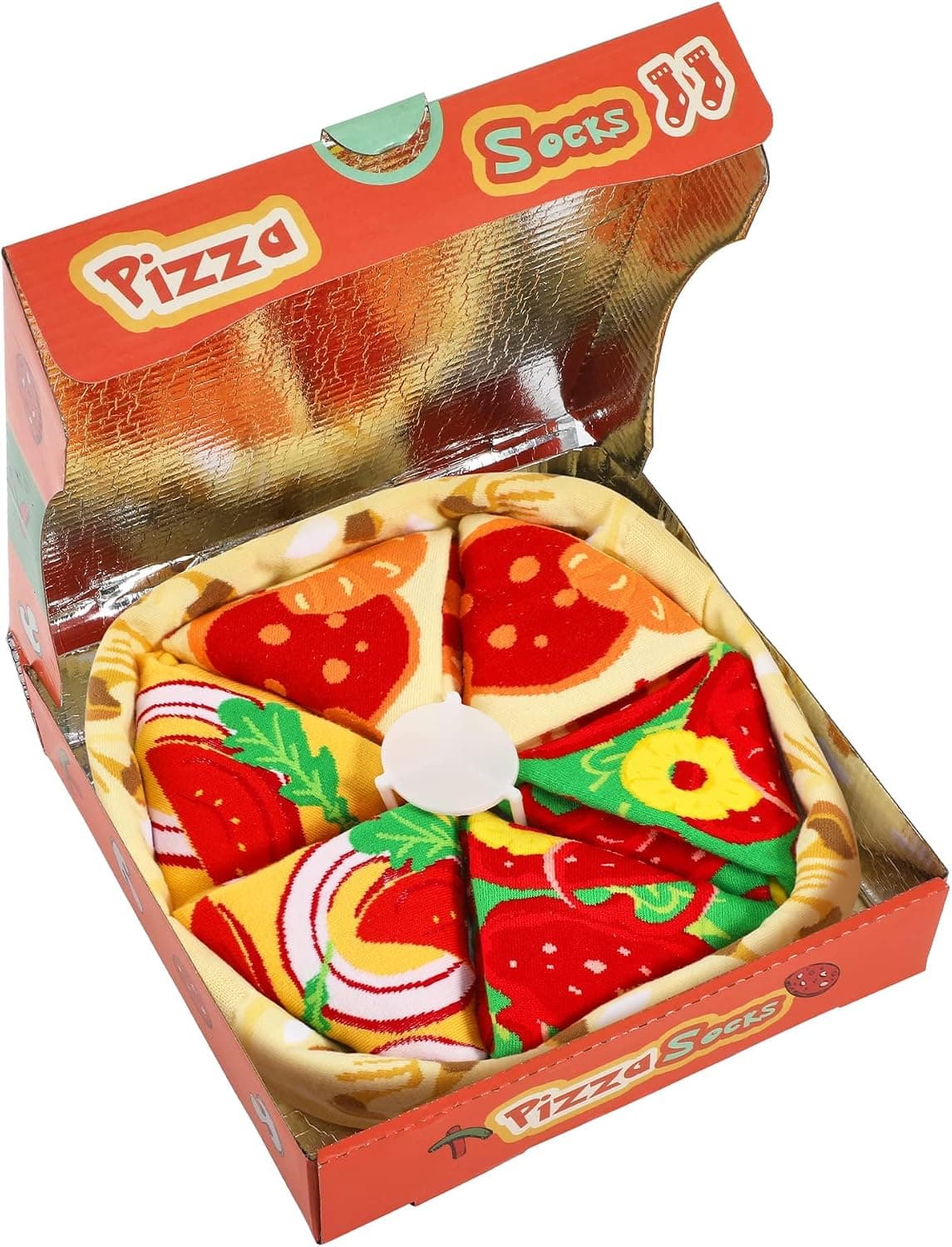 Caja de cartón con forma de caja de pizza abierta, mostrando cuatro pares de calcetines doblados como porciones de pizza con distintos ingredientes