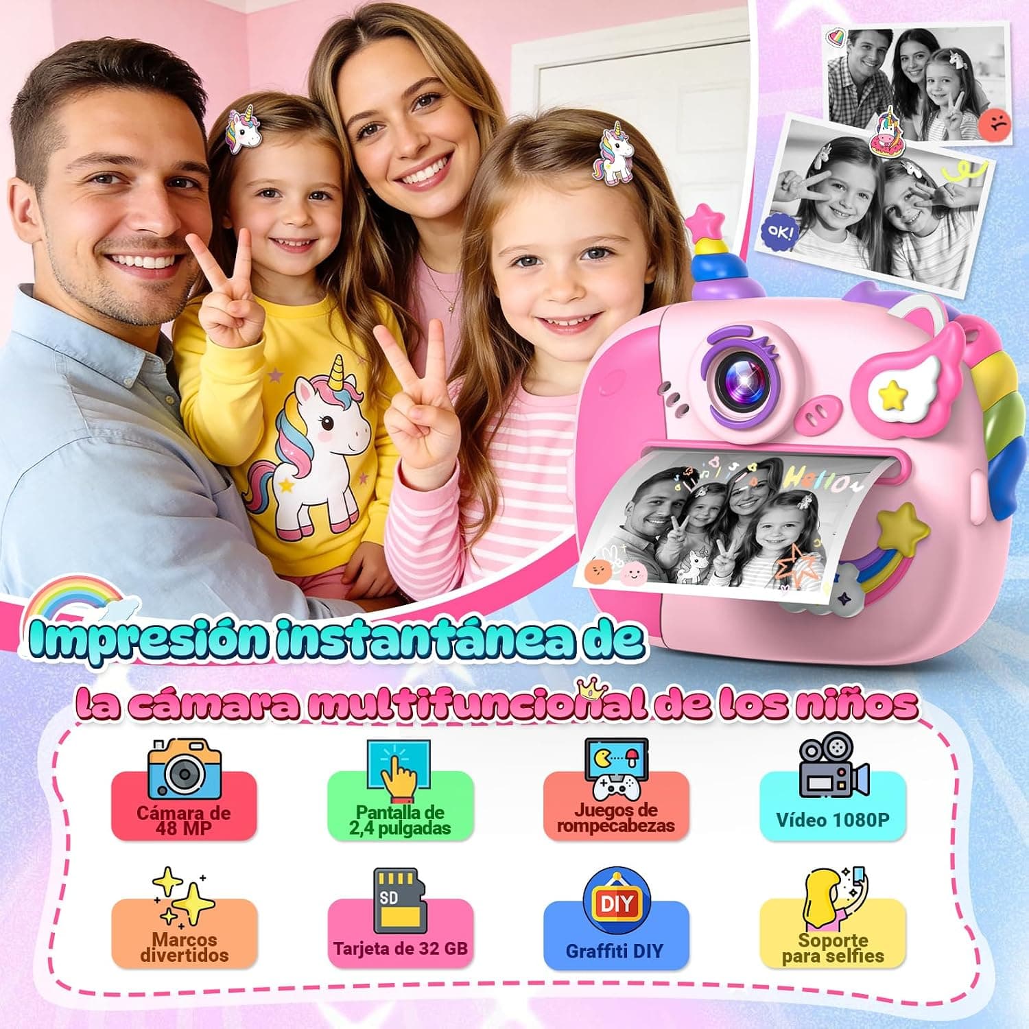 La cámara junto a niñas usándola y fotos impresas