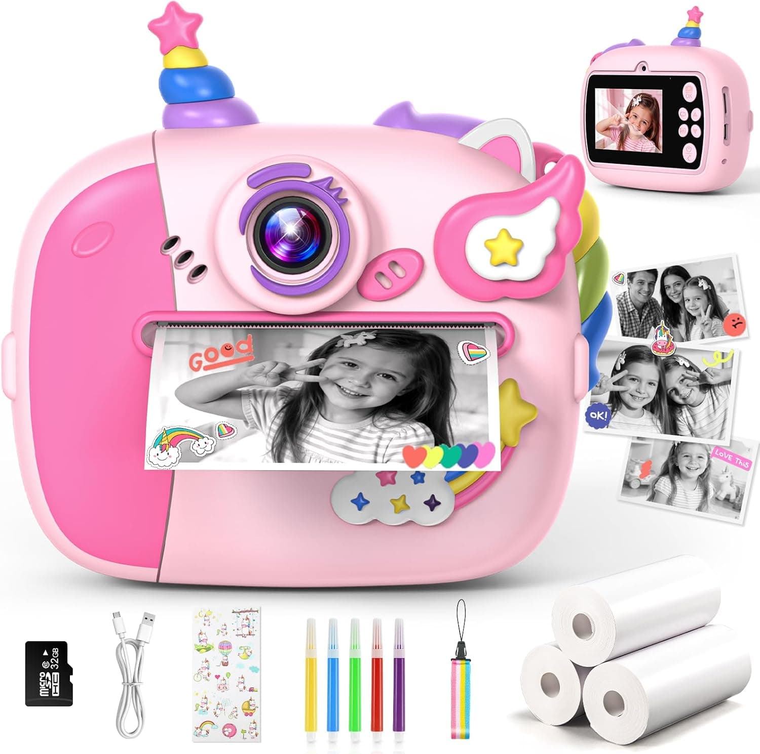 La cámara infantil con forma de unicornio, orejas y cuerno incluidos