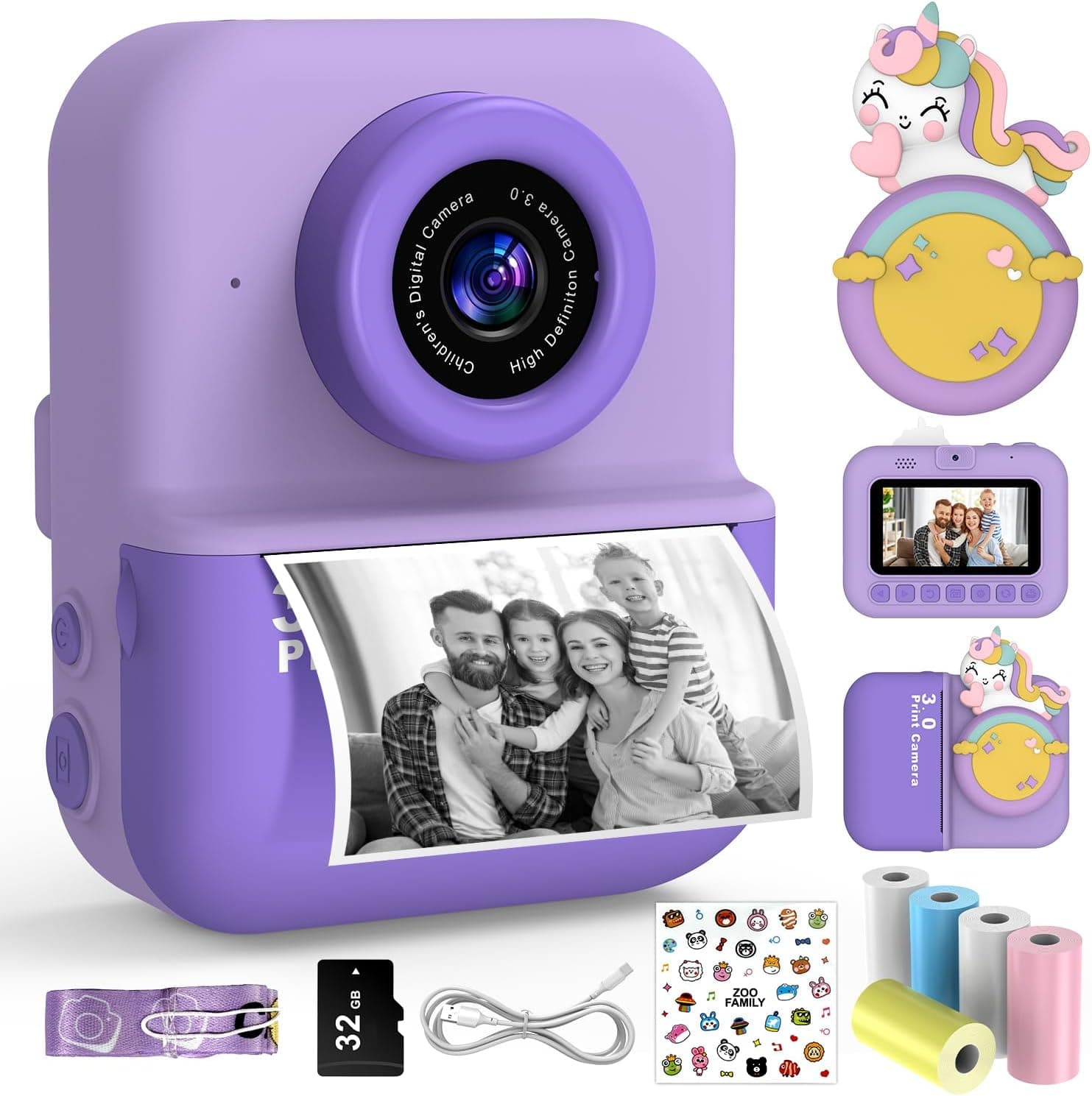 La cámara infantil Variglas en color morado con pegatinas de unicornio