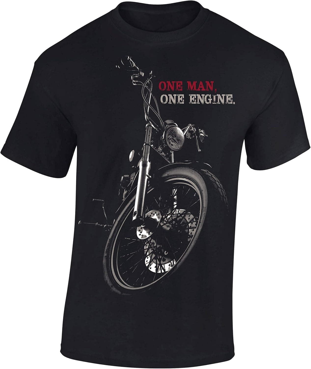 Camiseta negra con una moto chopper fotorrealista y el texto "One Man One Engine"