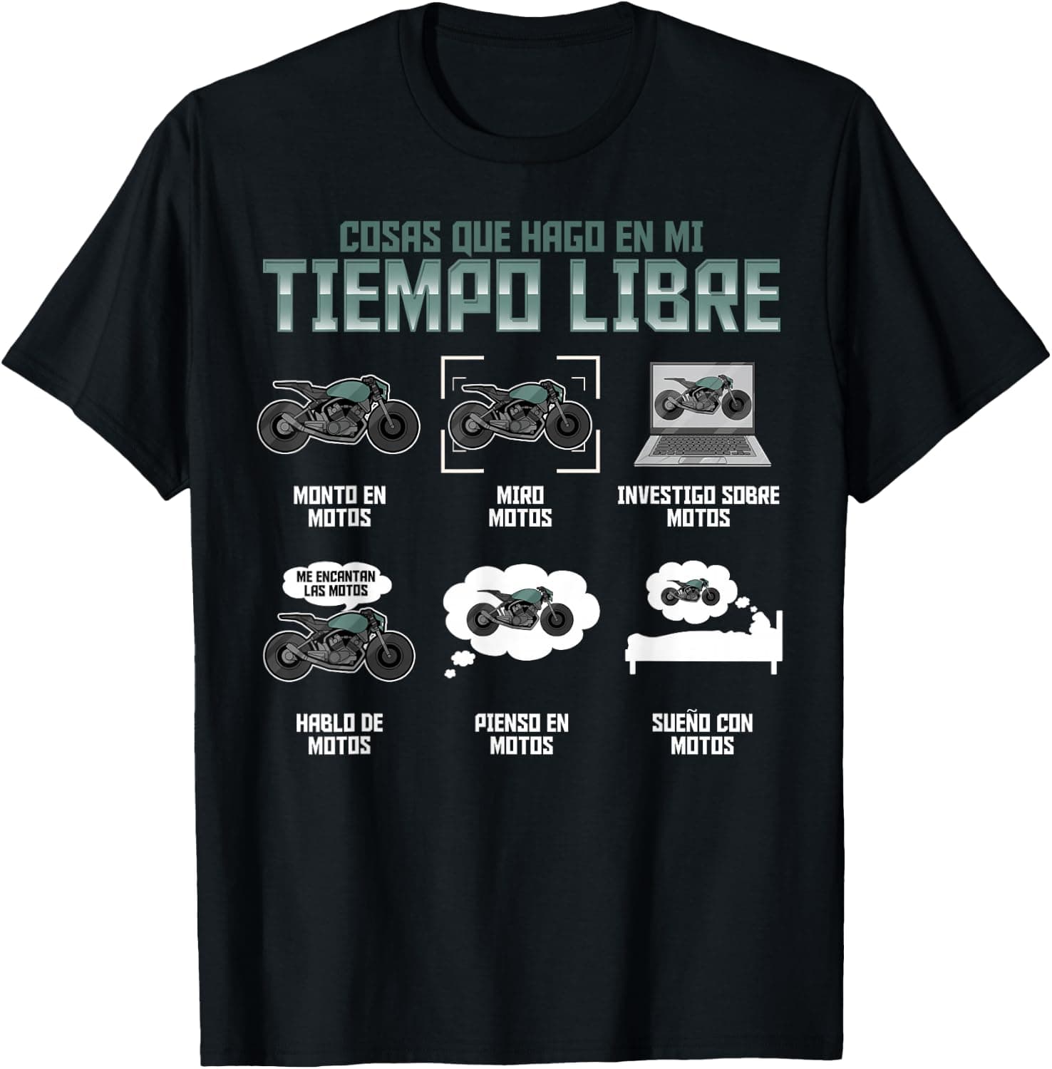Camiseta negra con una lista de humor tipo checklist sobre cosas relacionadas con las motos