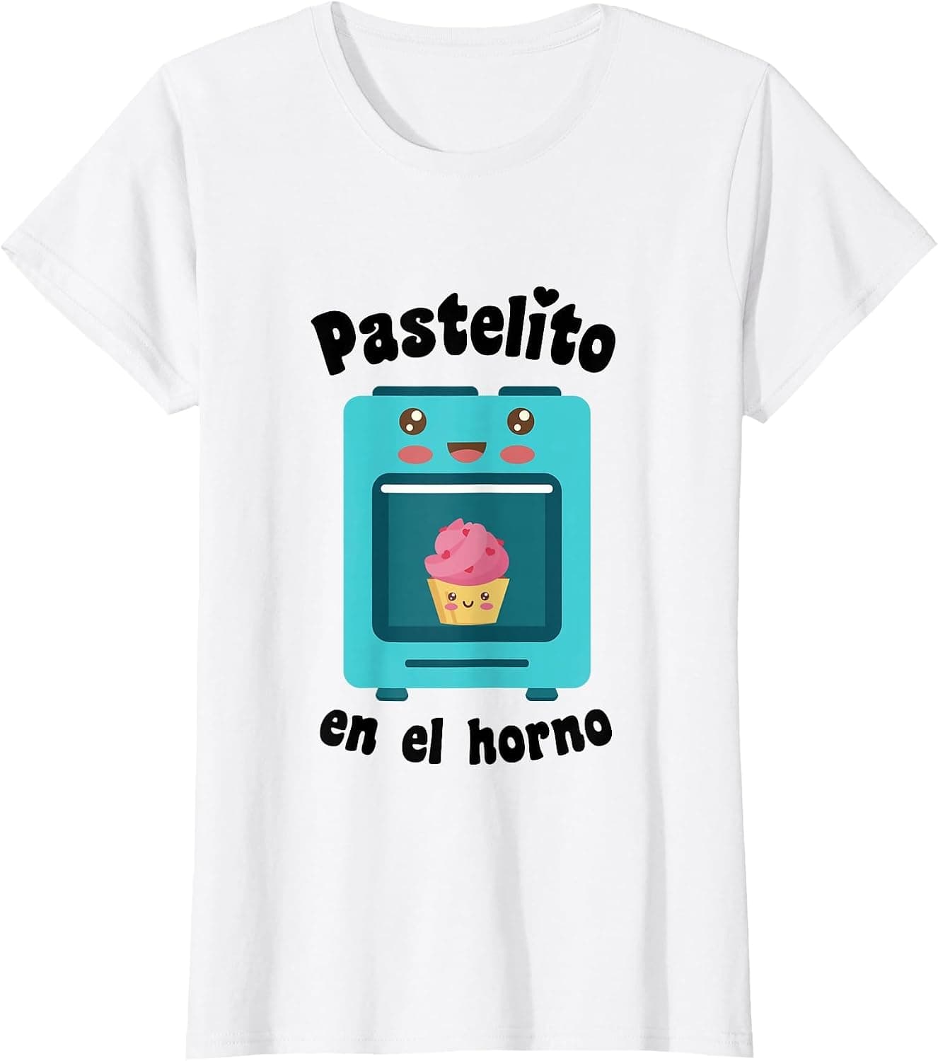 Camiseta blanca con el diseño «pastelito en el horno» para anunciar el embarazo