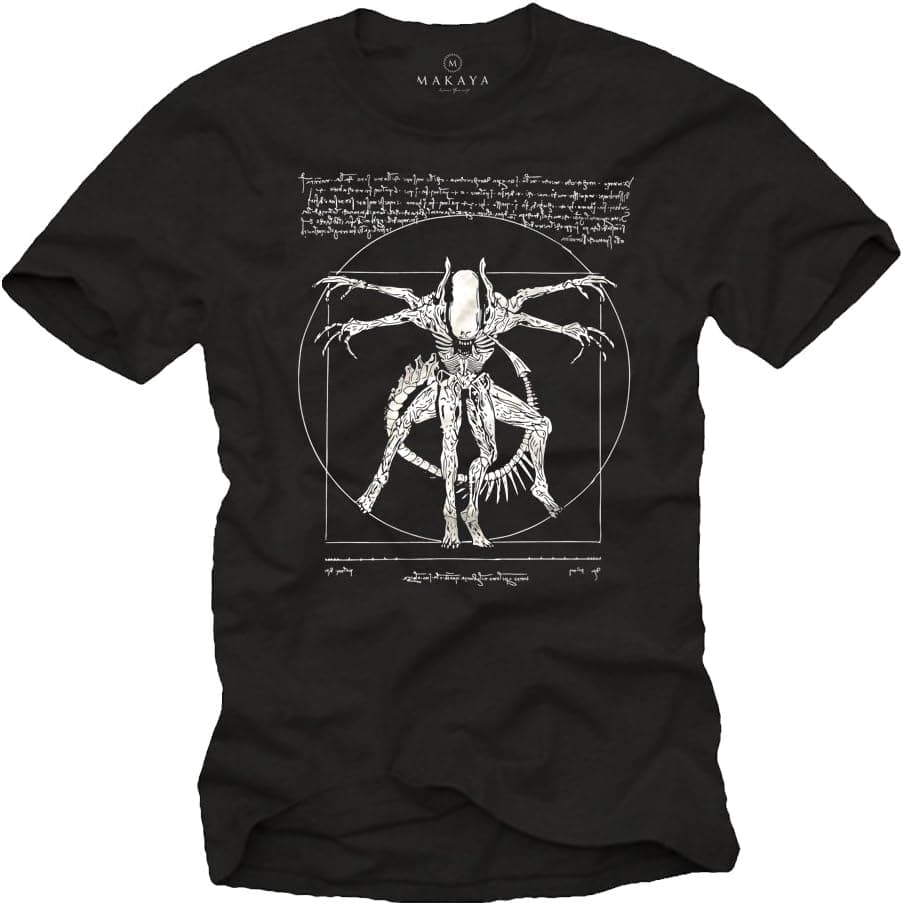 Camiseta negra con una ilustración del xenomorfo de Alien dibujado al estilo del hombre de Vitruvio de Leonardo da Vinci