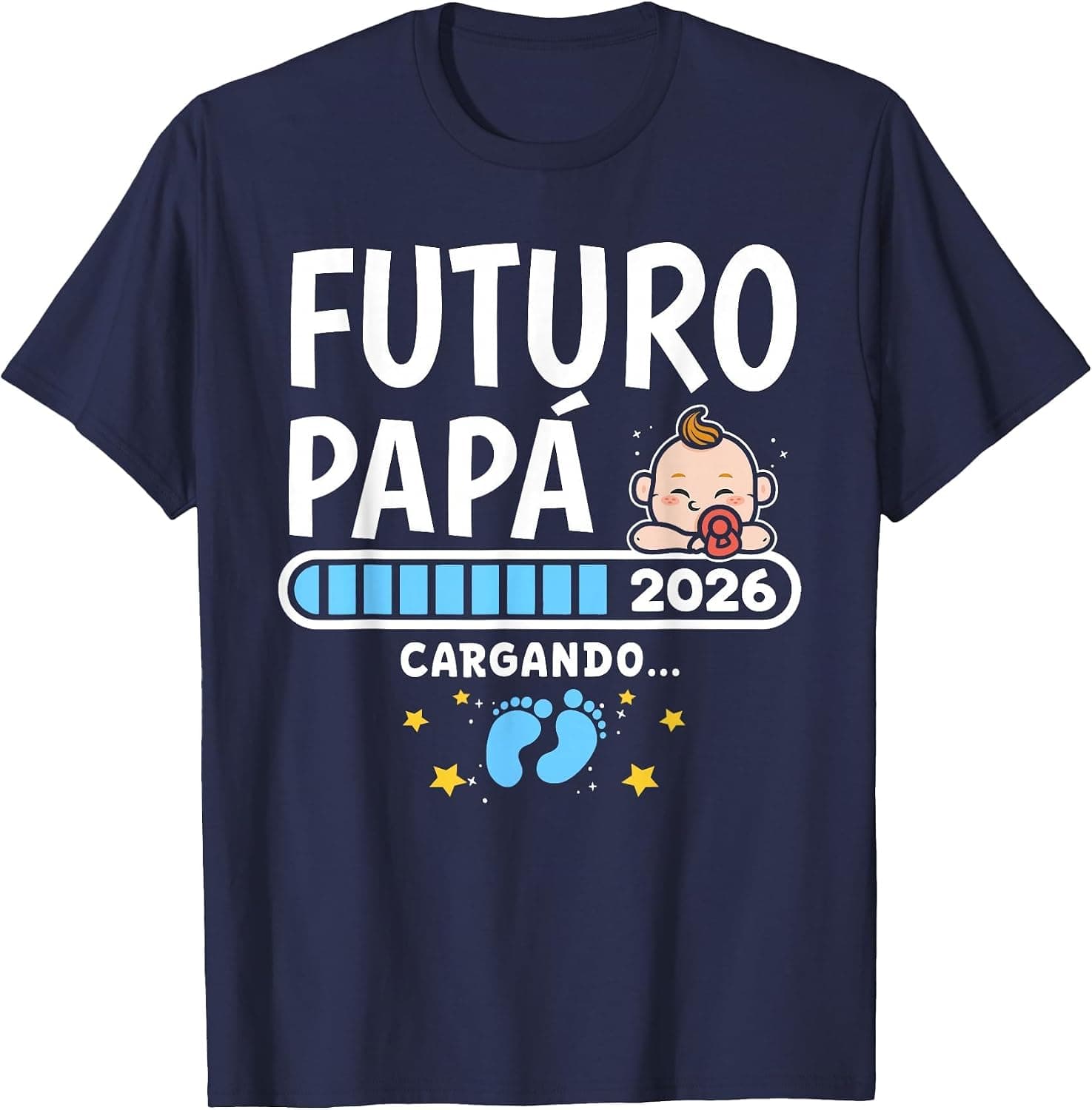 Camiseta azul marino con el mensaje «futuro papá, cargando» y una barra de progreso