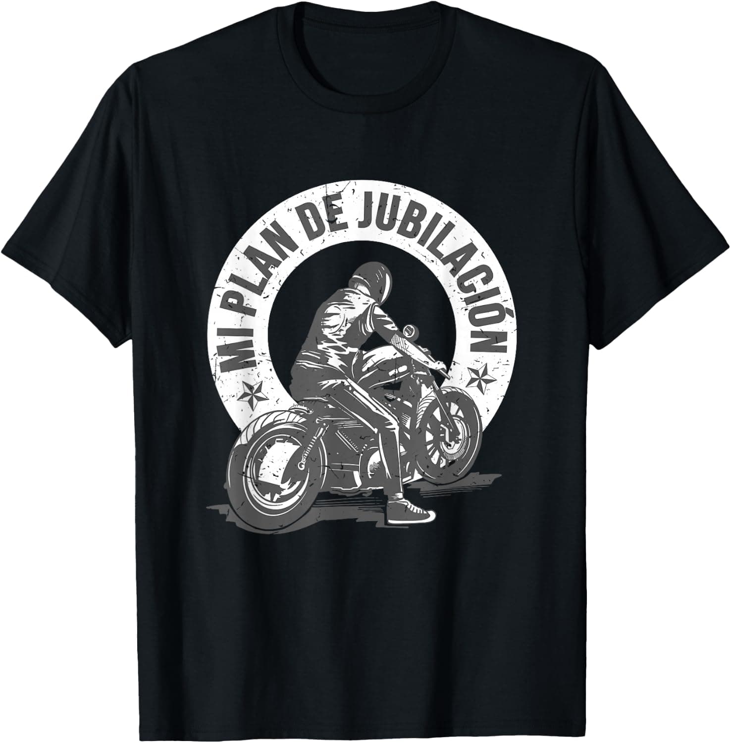Camiseta negra con el texto "Mi plan de jubilación" y una moto ilustrada