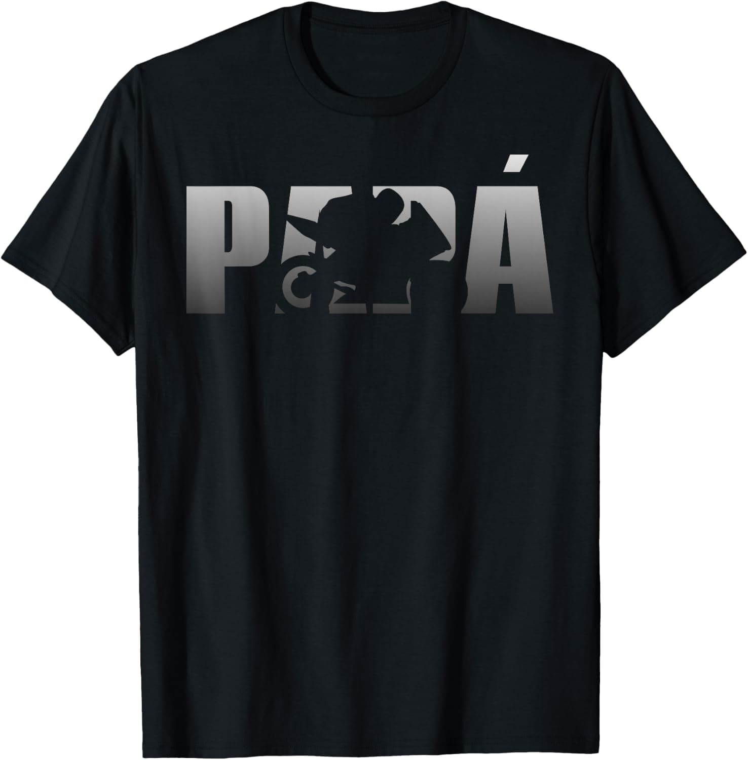 Camiseta negra con la palabra "PAPÁ" donde una de las letras A se sustituye por un casco de moto