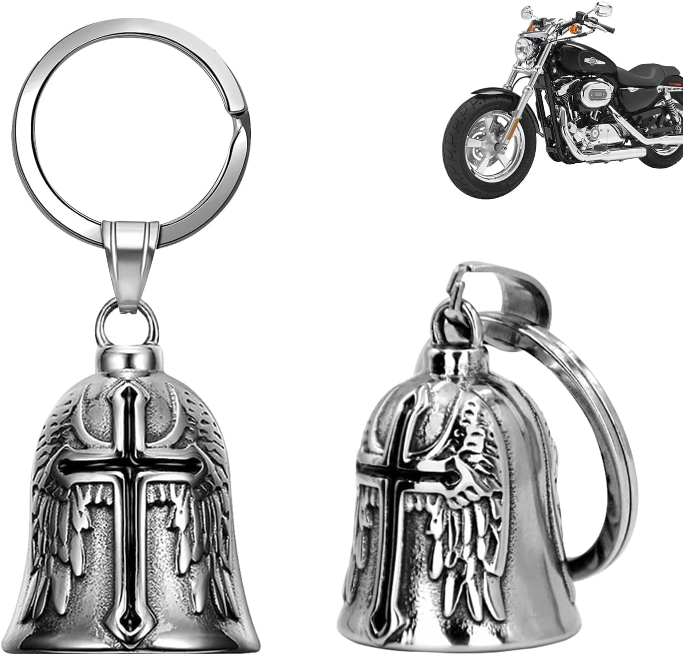 Dos campanas guardianas de moto en metal plateado, una con forma de cruz y otra alada