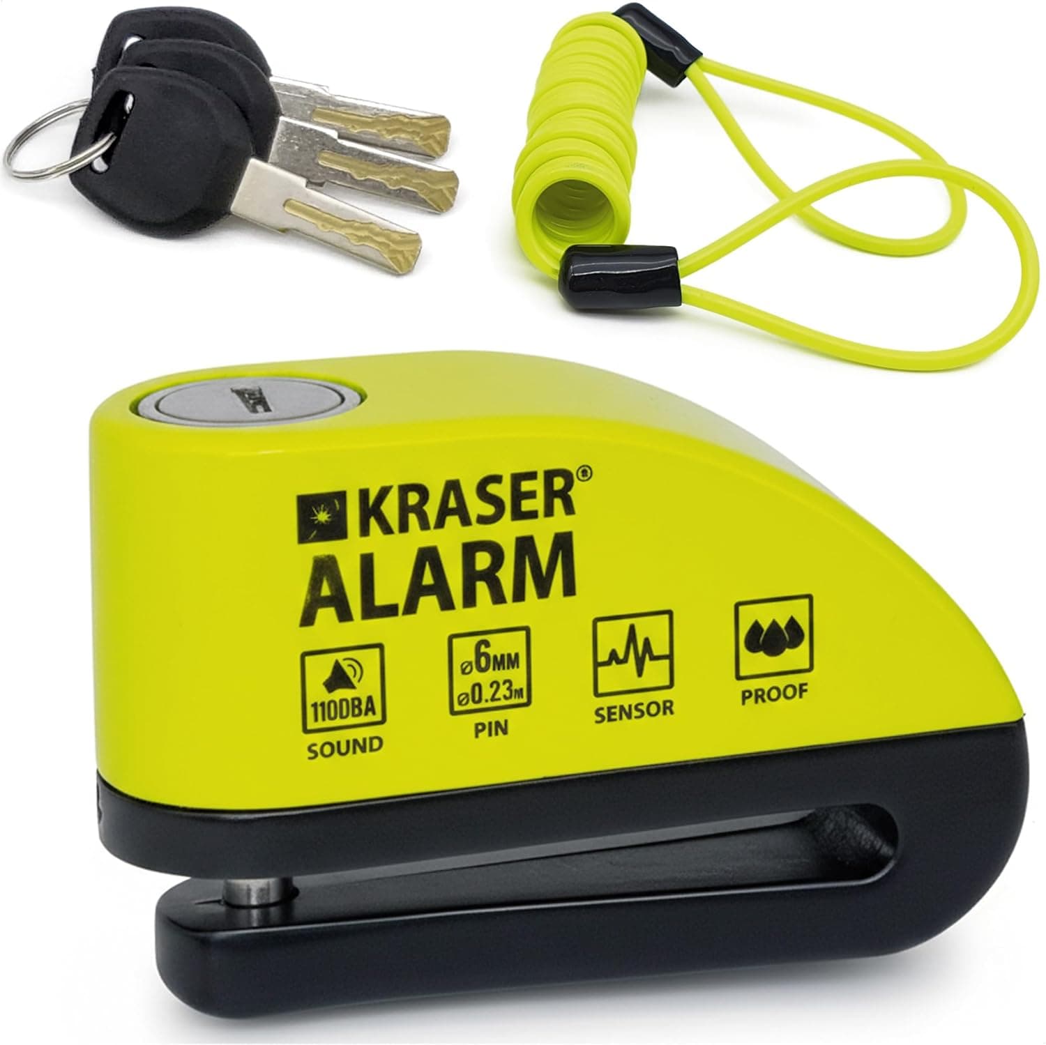Candado de disco amarillo y negro KRASER con alarma, tres llaves y cable de recordatorio