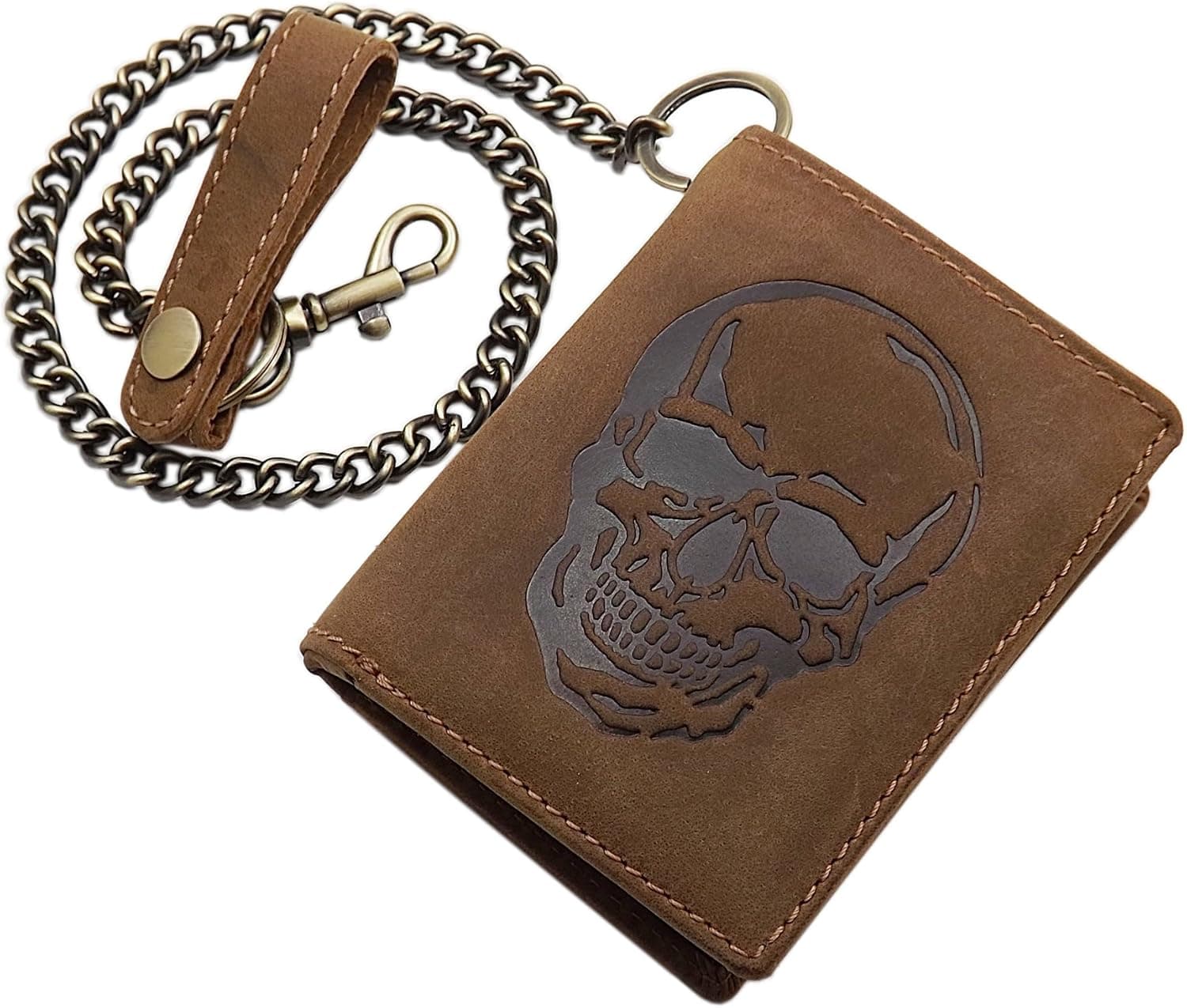 Cartera de cuero marrón con calavera grabada y cadena metálica de myledershop