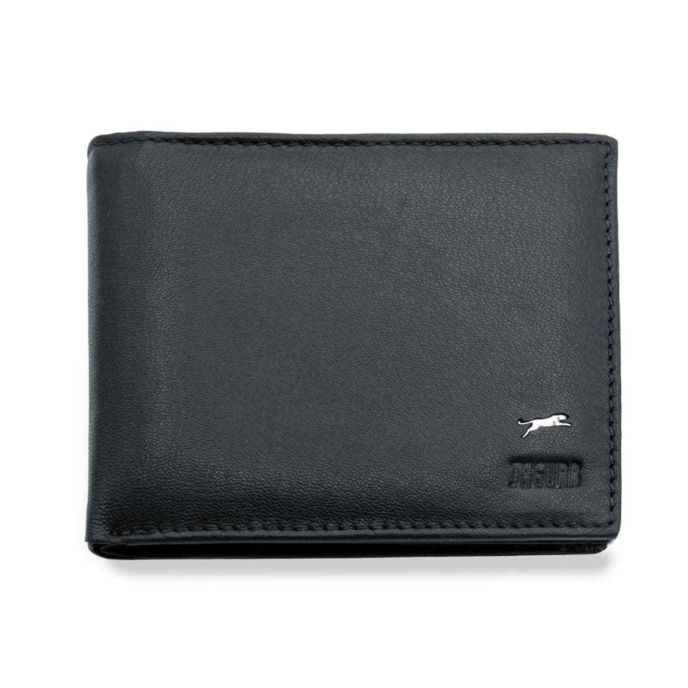 Cartera de piel negra con ranuras para tarjetas y compartimento para monedas