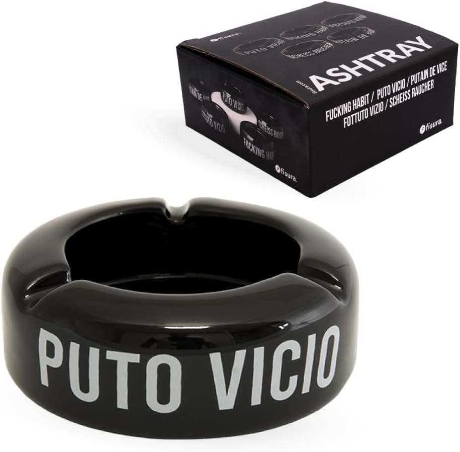 Cenicero negro de cerámica con mensaje de humor sobre el tabaco