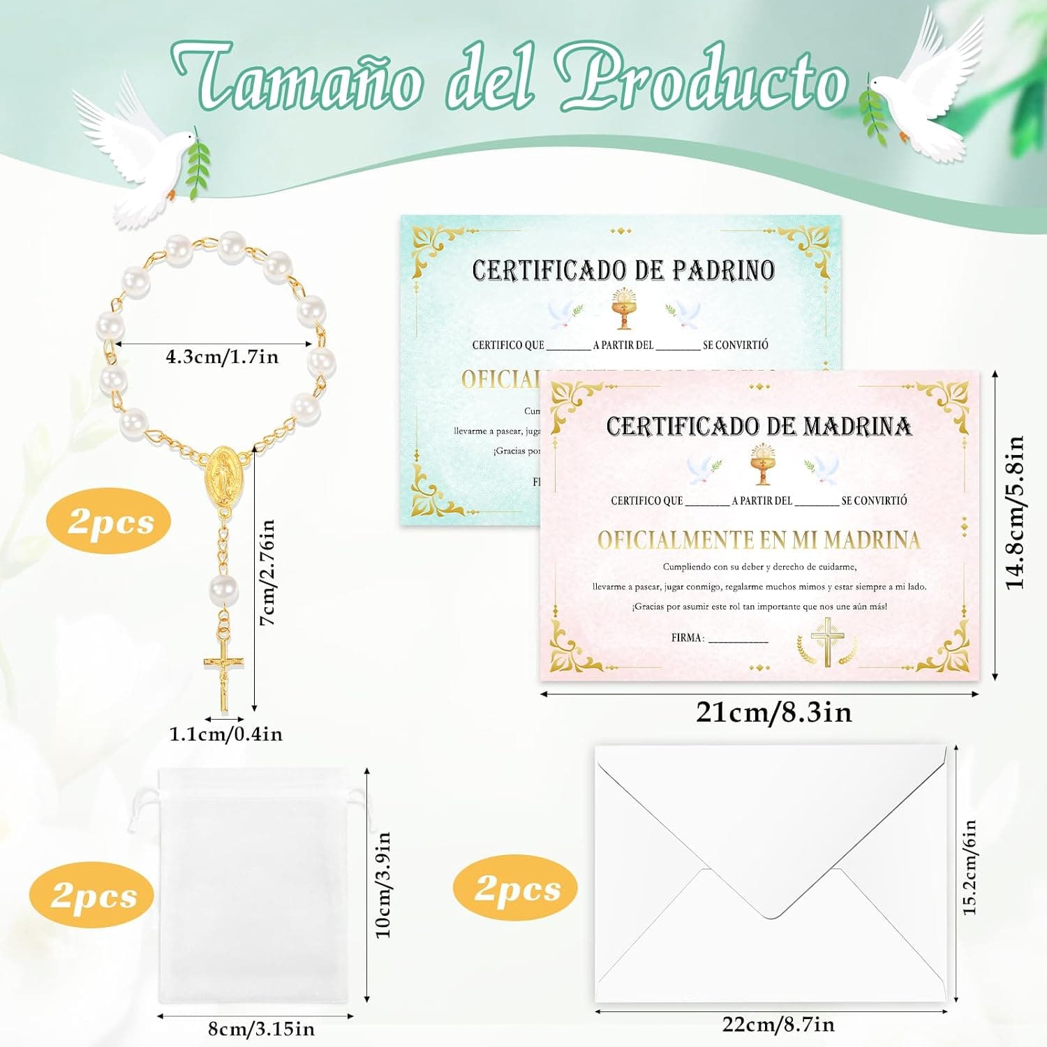 Detalle de los rosarios y las bolsas de organza incluidas