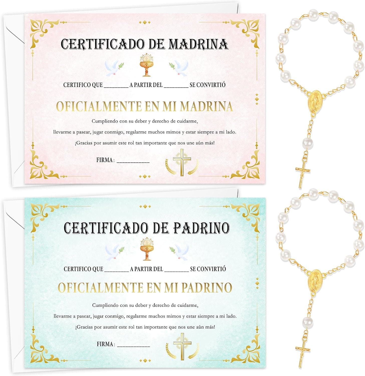 Certificados de madrina en rosa y padrino en azul con rosarios de perlas