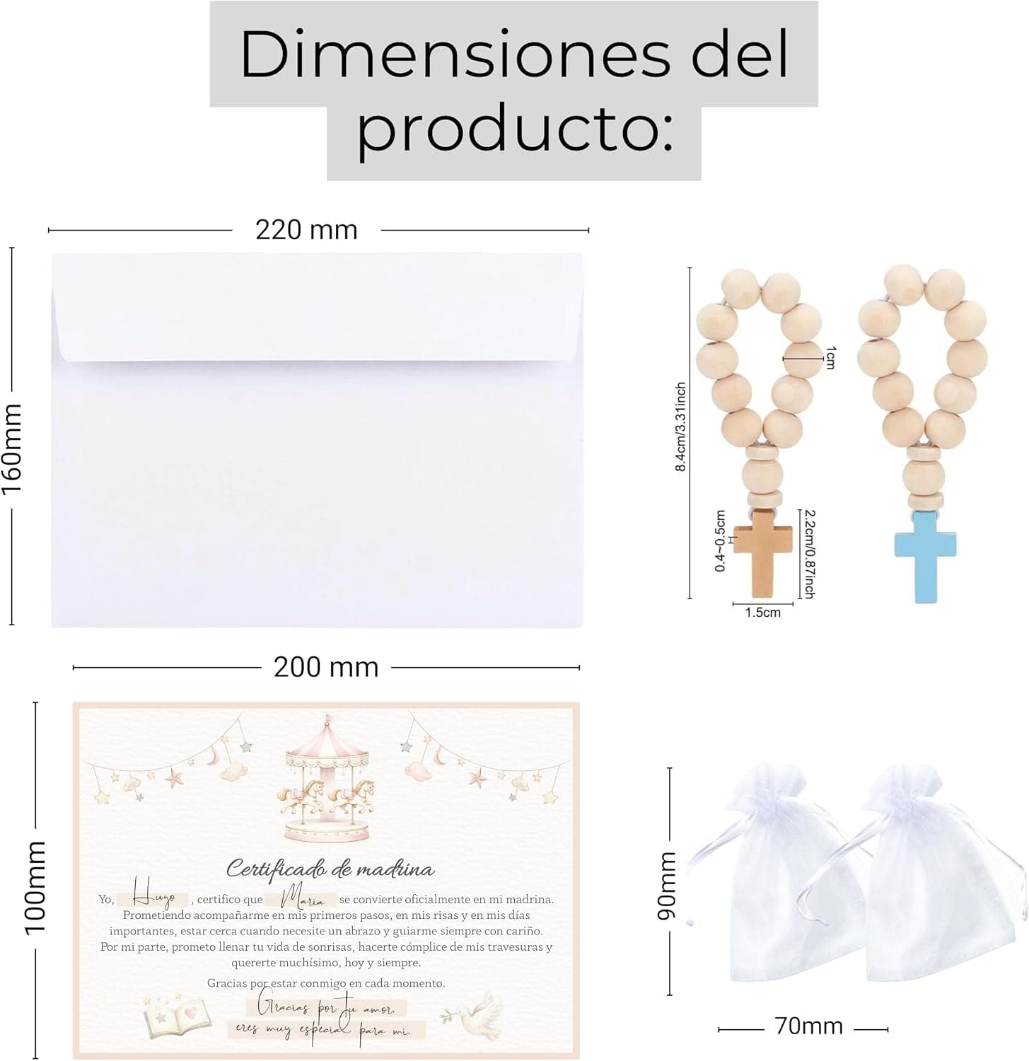 Divino Regalo Certificados de madrina y padrino con rosarios de madera, foto 2