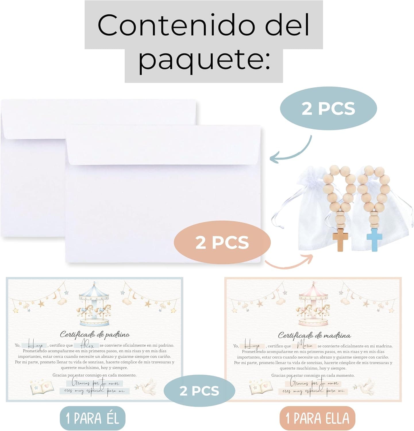 Divino Regalo Certificados de madrina y padrino con rosarios de madera, foto 3