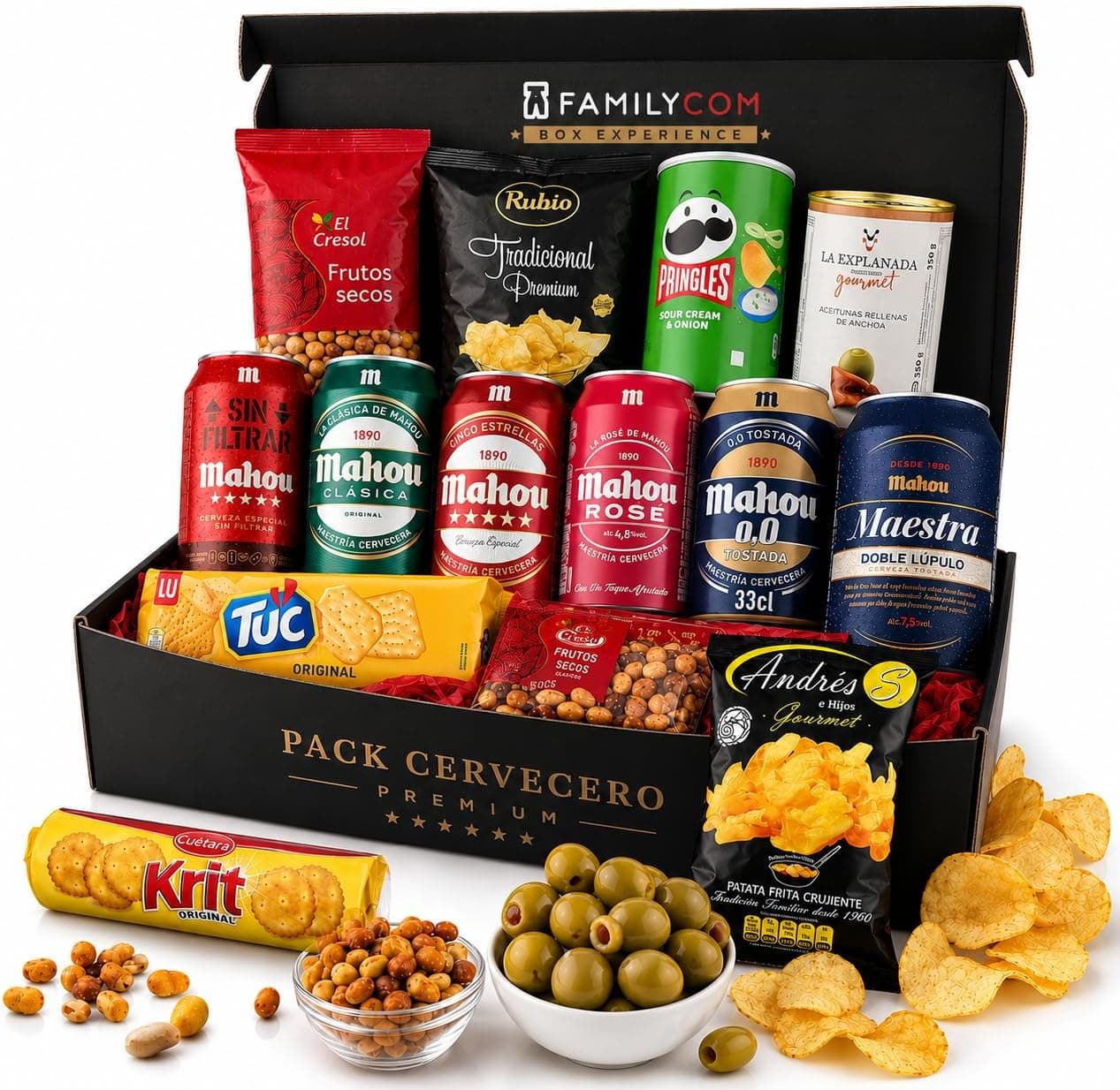 La misma caja presentada de frente, con el rótulo Pack Cervecero Premium
